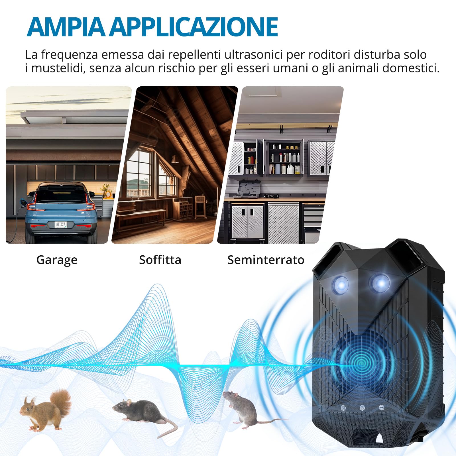 AUTOUTLET Repellente ad Ultrasuoni per Auto 18-36kHz,Supporta Batteria/USB/Alimentazione Elettrica dell'auto 12V,Funzione di Avvio/Arresto Automatico,Ultrasuoni per Topi con Luce LED,2 Pezzi