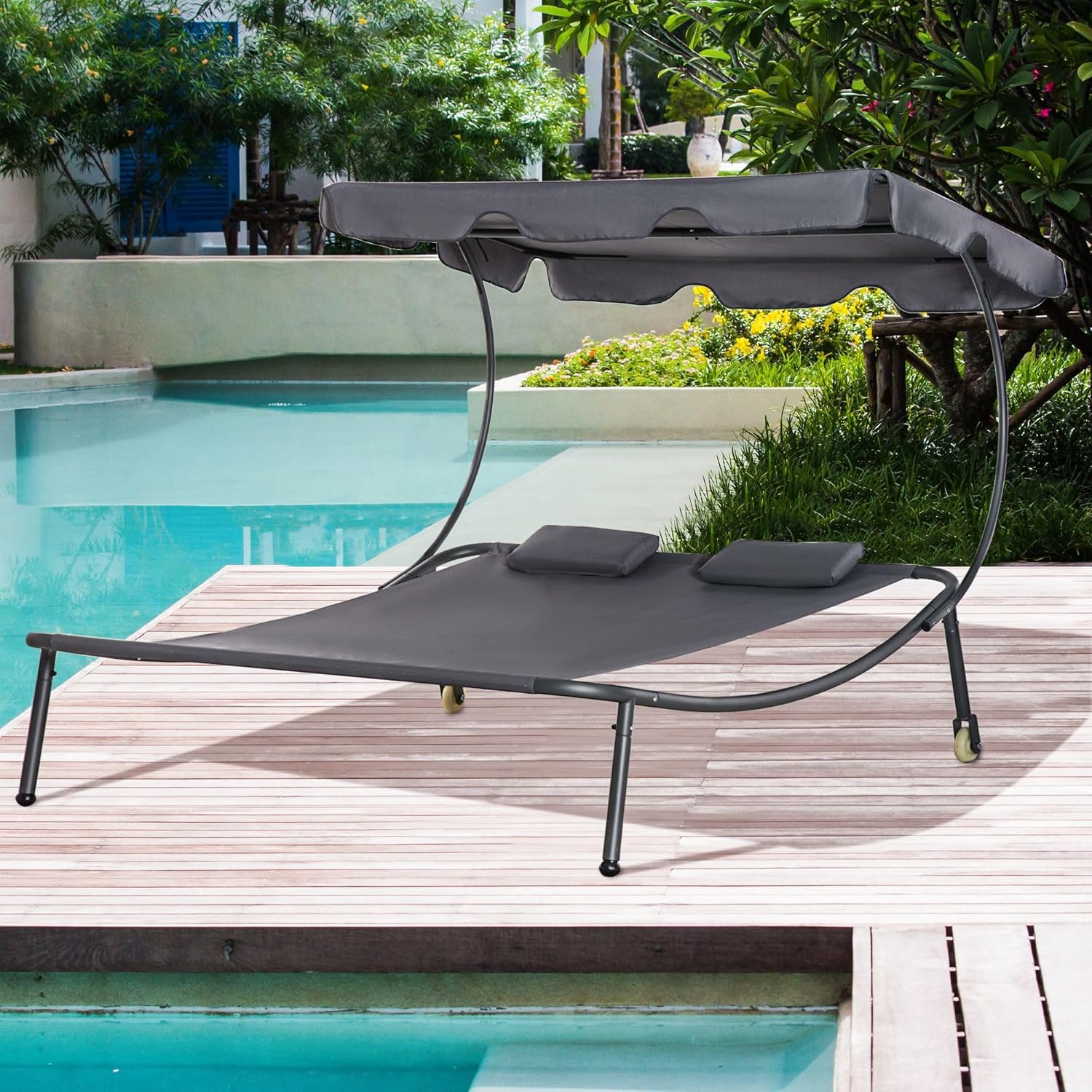 Dual-Person Wheeled Canopy Chaise Lounge: Adjustable UV/WP Canopy, Steel FFor rame, 78.75" L x 67" W, 484lb, Grey
