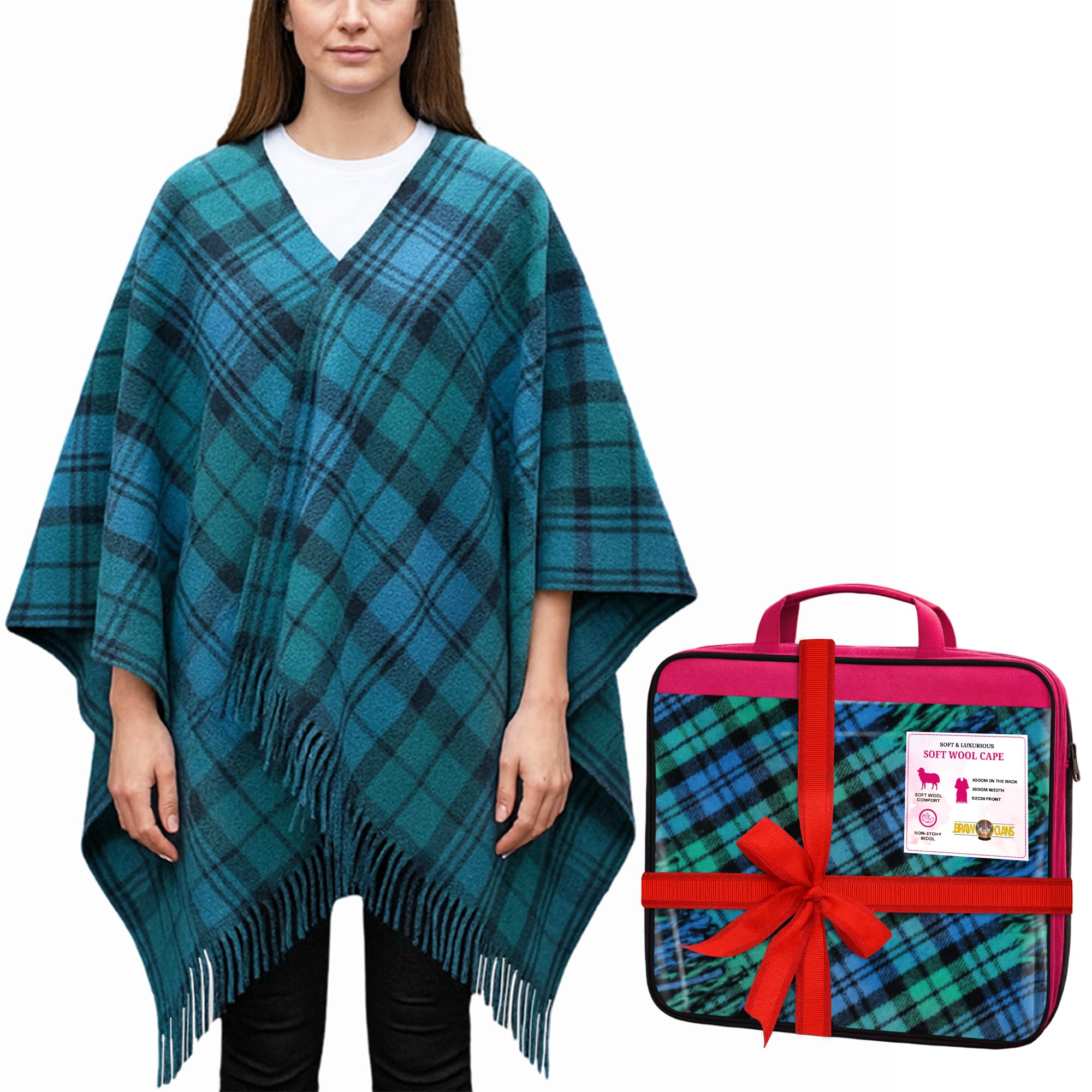 BRAW CLANS TARTANS Soft wool Tartan Poncho Blanket cape made in Scotland - Ruana cloak style - full body shawl - Mothers day Gift - Home, Travel, Camping - Campbell Ancient Tartan