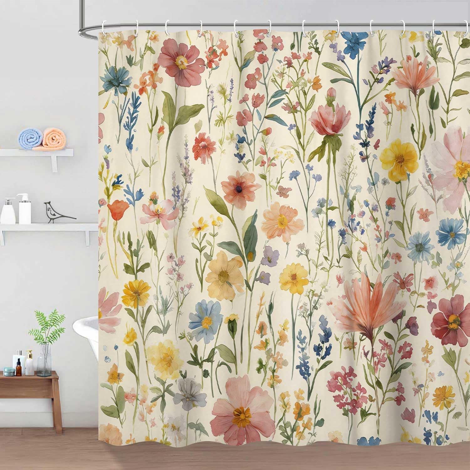 Floral Shower Curtain, Vintage Flower Watercolor Plant Style Shower Curtain Set, Boho Colorful Wildflower Floral Shower Curtains for Bathroom, with Hooks 72x84 Inch