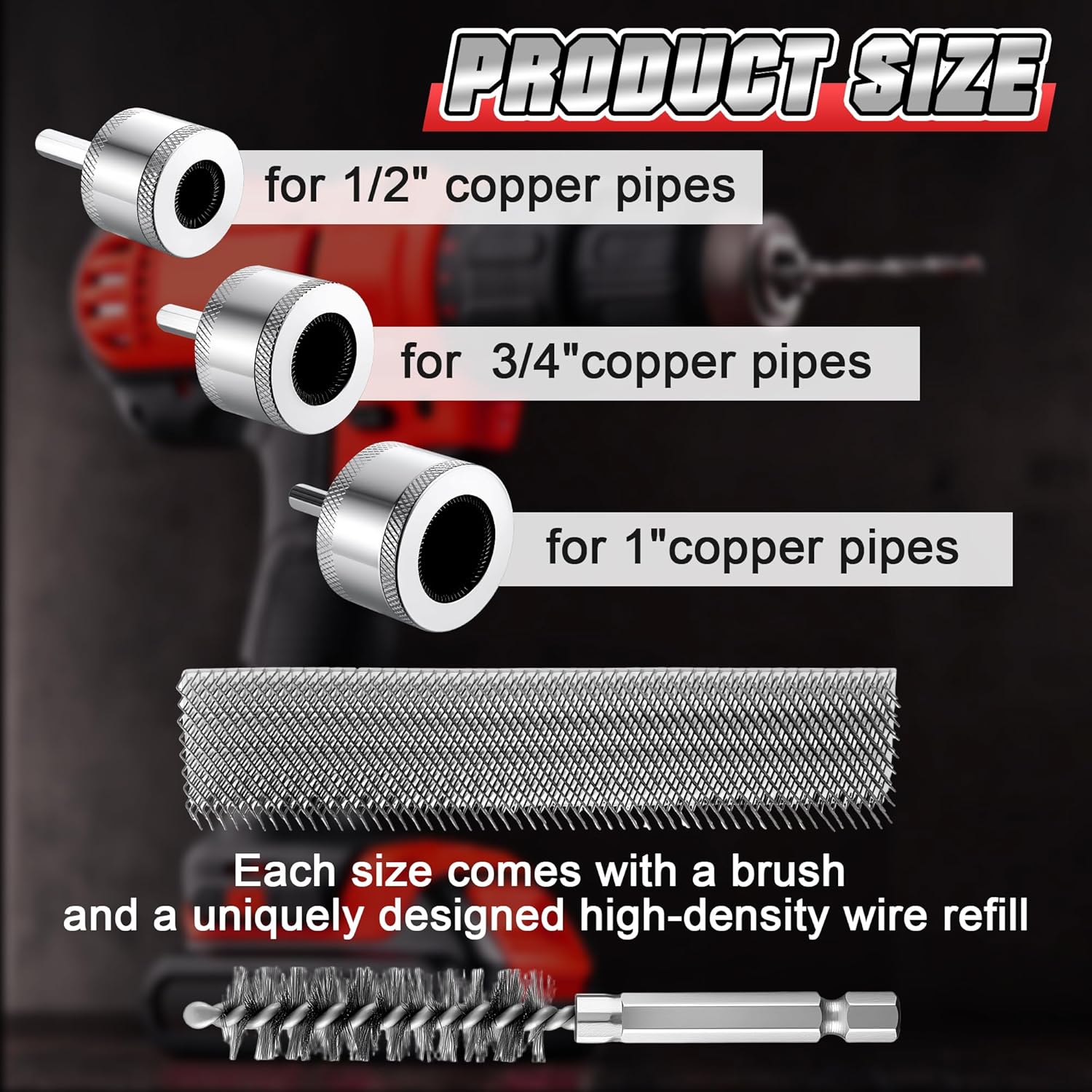 1/2"&3/4"&1" Copper Pipe Cleaner for Drill with 1/4" Hex Shank & Brush Blades & Metal Pipe Cleaning Brush, Tube Thread Cleaner, Plumbing Tools for Plumber Removing Rust, HVAC Stain Removal(3 Piece)