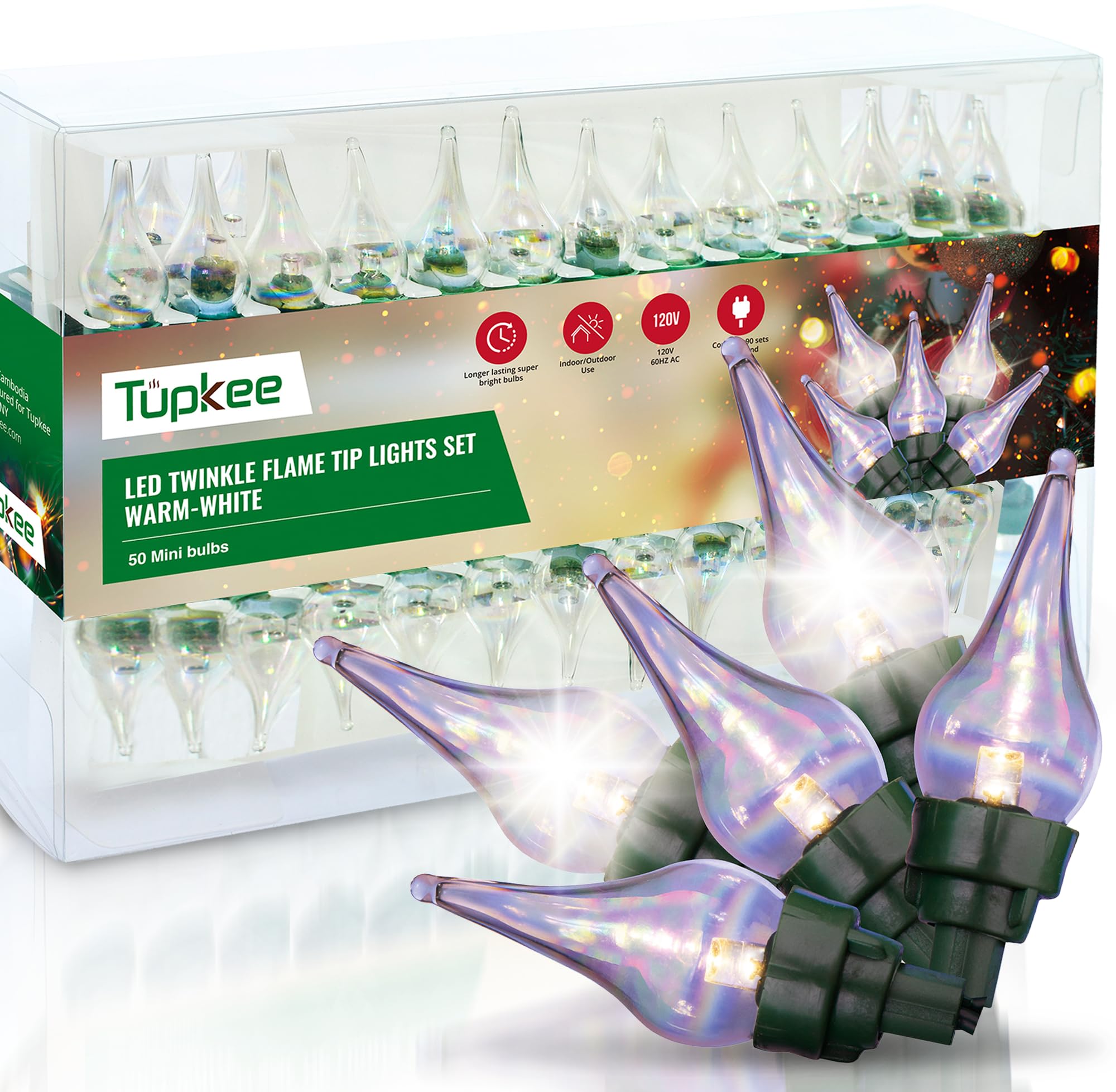 Tupkee Christmas Random Twinkle Flame Tip Light Set - 10 of 50 Lights Twinkle – 50 LED Warm-White Mini Bulbs With Flame Tip Covers - Indoor Outdoor - 15.5' String - Holiday Decor Christmas Tree Lights
