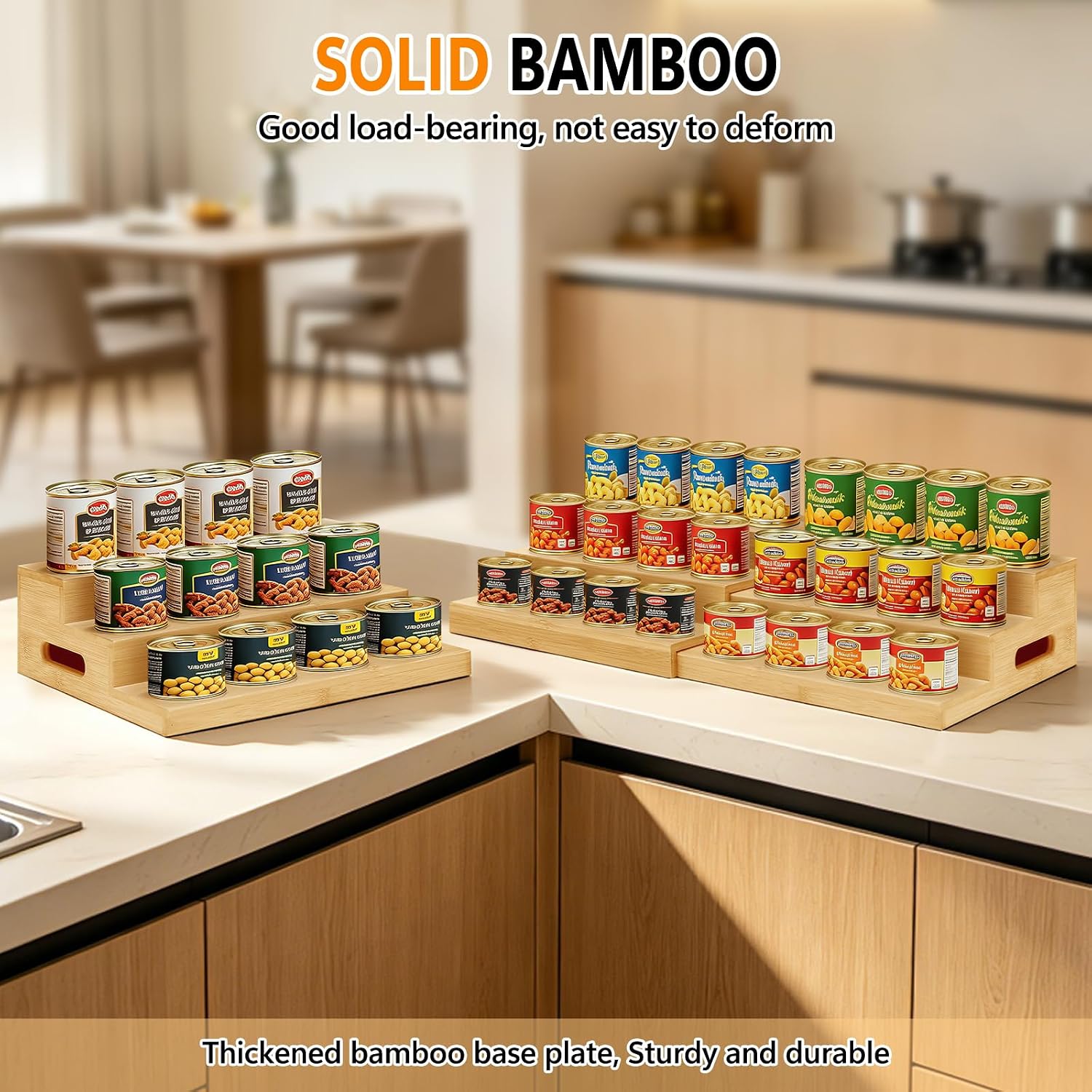 2 Pack Bamboo Expandable Can Rack Organizer for Pantry, Stackable 3 Tier Canned Food Organizers and Storage, Kitchen Cabinet, Food Can Holders Dispensers for Pantry Up To 48 Cans