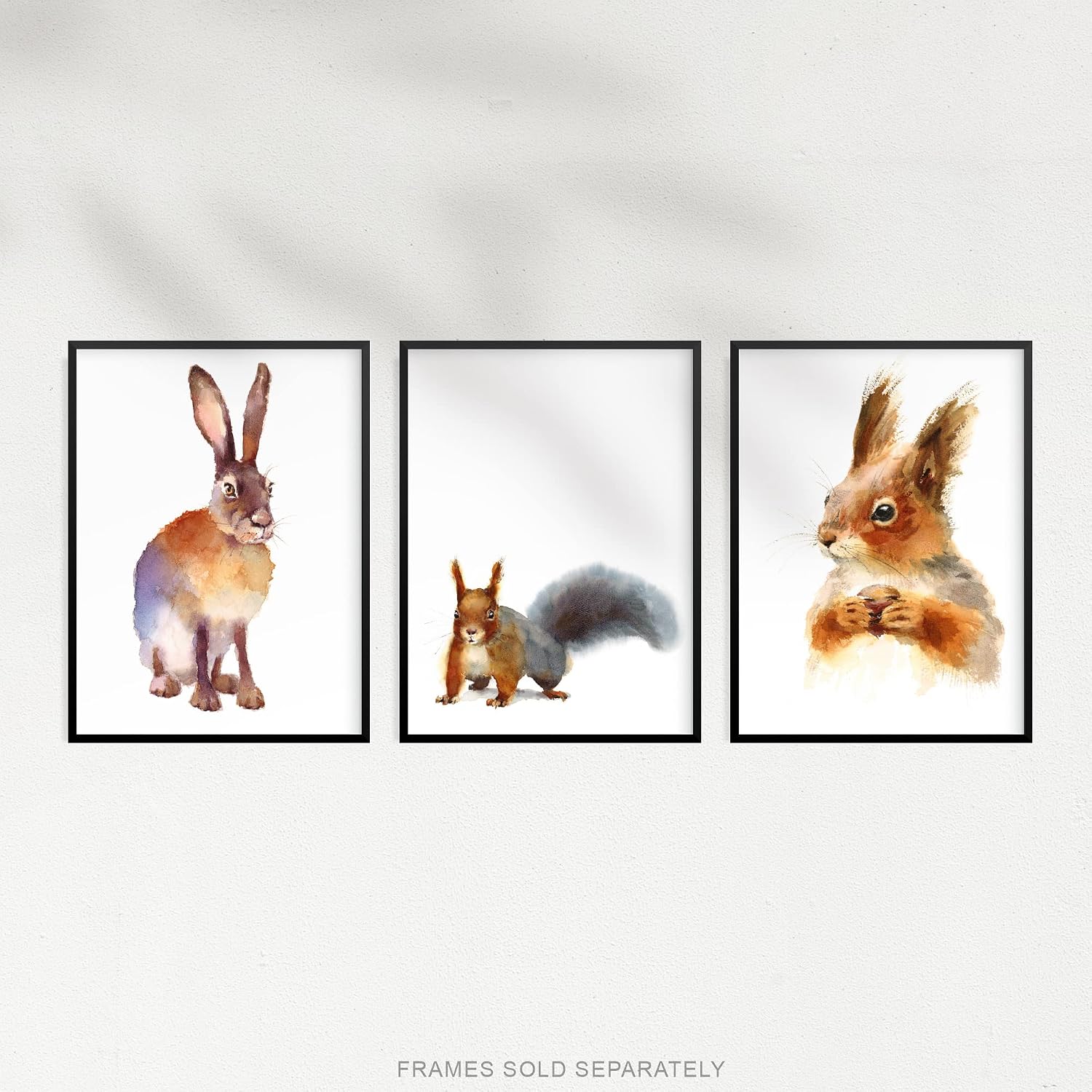 Artery8 Watercolour Red Squirrel Hare Rabbit Set Of 3 Unframed Wall Art Prints Bathroom Bedroom Aesthetic Woodland Painting 12X16 Inch