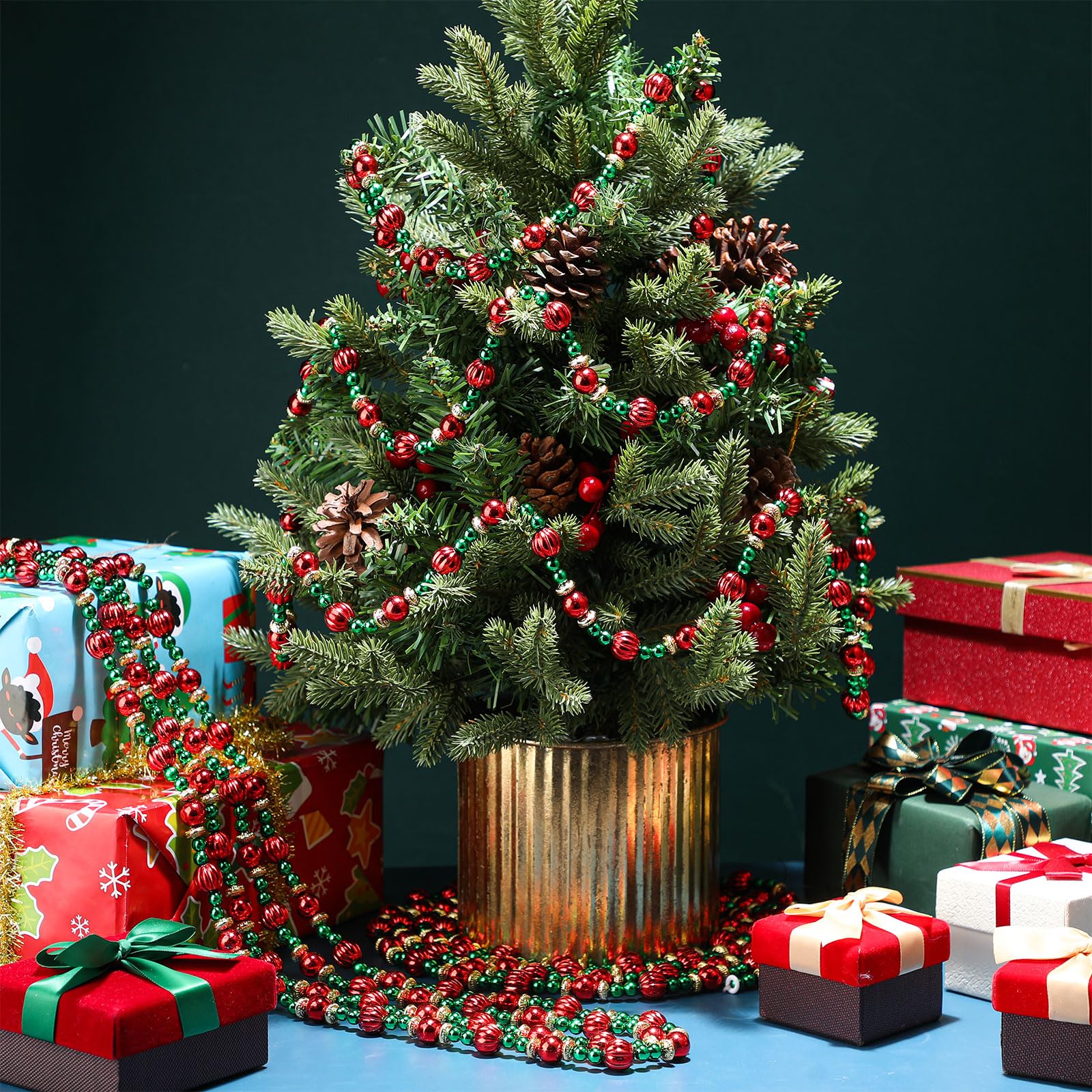 Geosar Lot de 4 guirlandes de perles torsadées pour sapin de Noël de 2,7 m - Rouge et vert - Pour fête de Noël, cheminée, couronne d'ornements