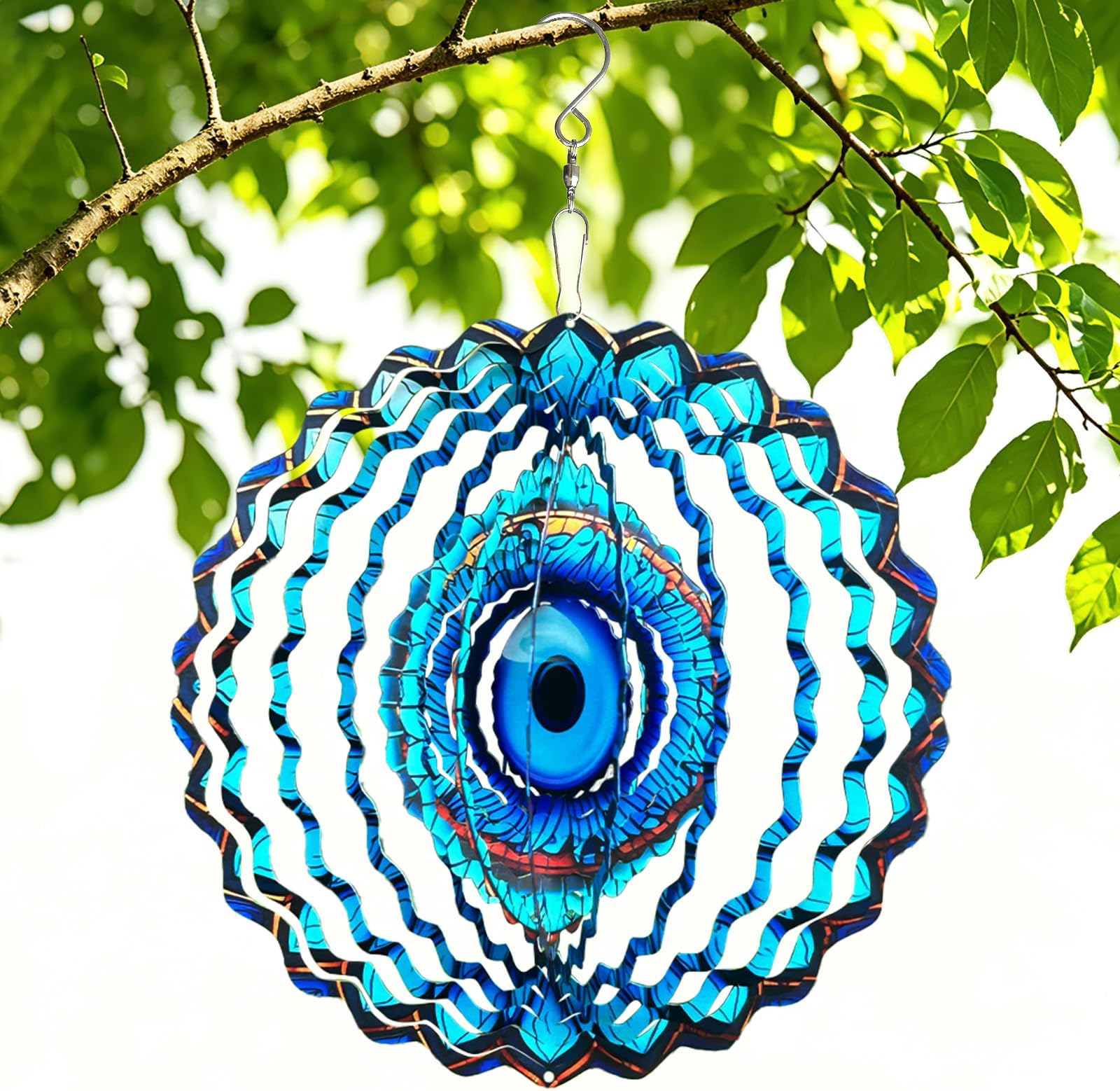 SAC SMARTEN ARTS 3D Wind Spinner Mandala 10 Inch Evil Eye Stainless Steel Wind Sculpture Blue Hanging Ornament Laser Cut Metal Art for Indoor Outdoor Garden Decoration Protective Amulet for Home Yard