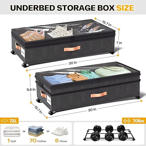 Miniatura 2 de Almacenamiento debajo de la cama con ruedas, 2 paquetes de organizador grande debajo de la cama con tapa, contenedores de zapatos de altura