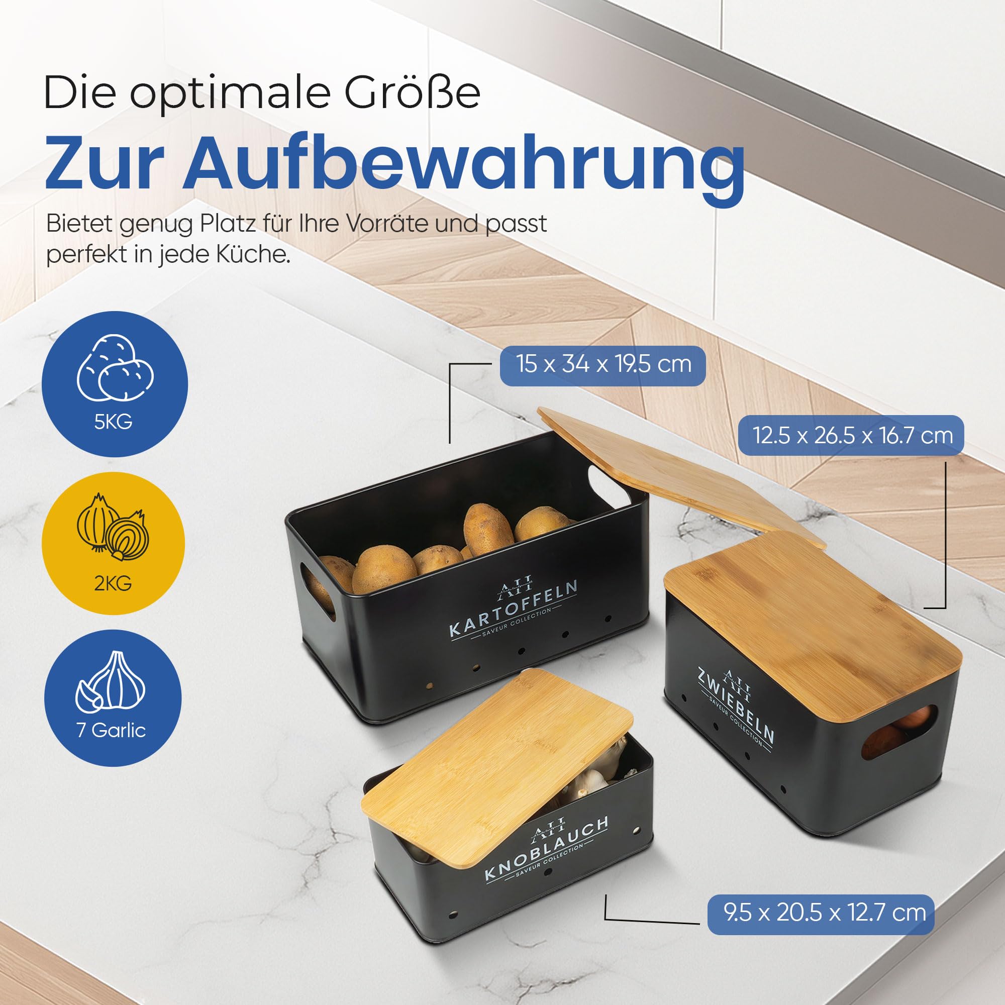 AH® Kartoffel Aufbewahrungsbox inkl. Gemüsebürste [5er Set] - Zwiebeltopf, Kartoffelbox - Geeignet für Gemüse & Zwiebel Aufbewahrung