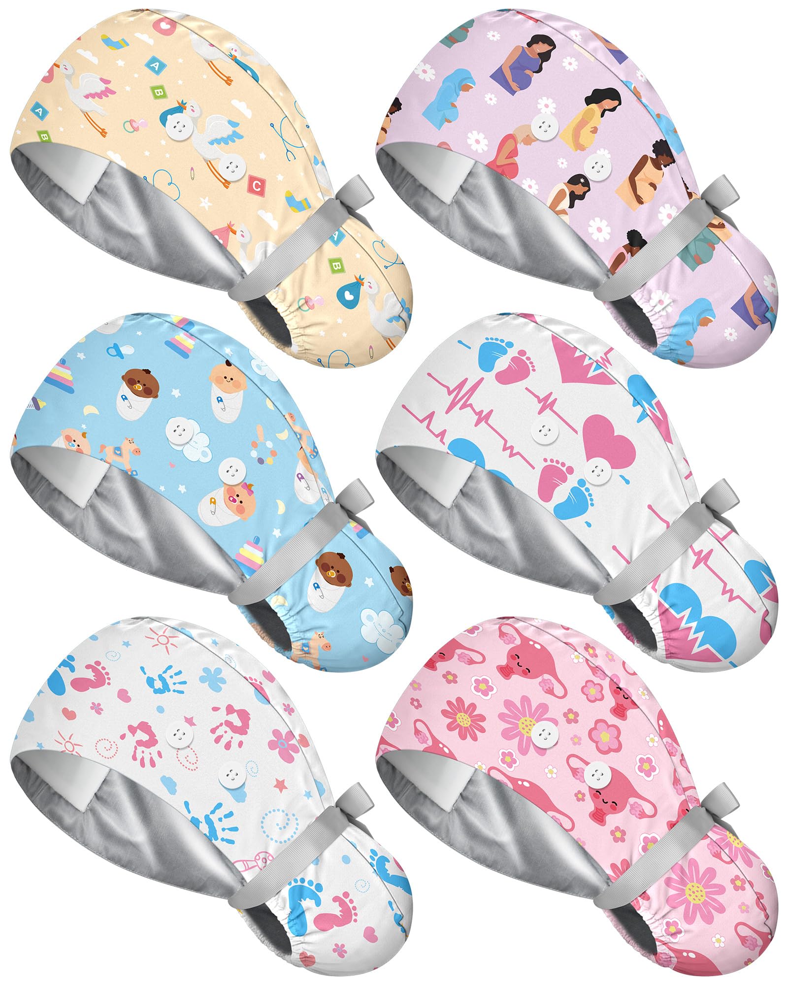 6 Pc Satin Lined Scrub Caps Women with Buttons Ponytail