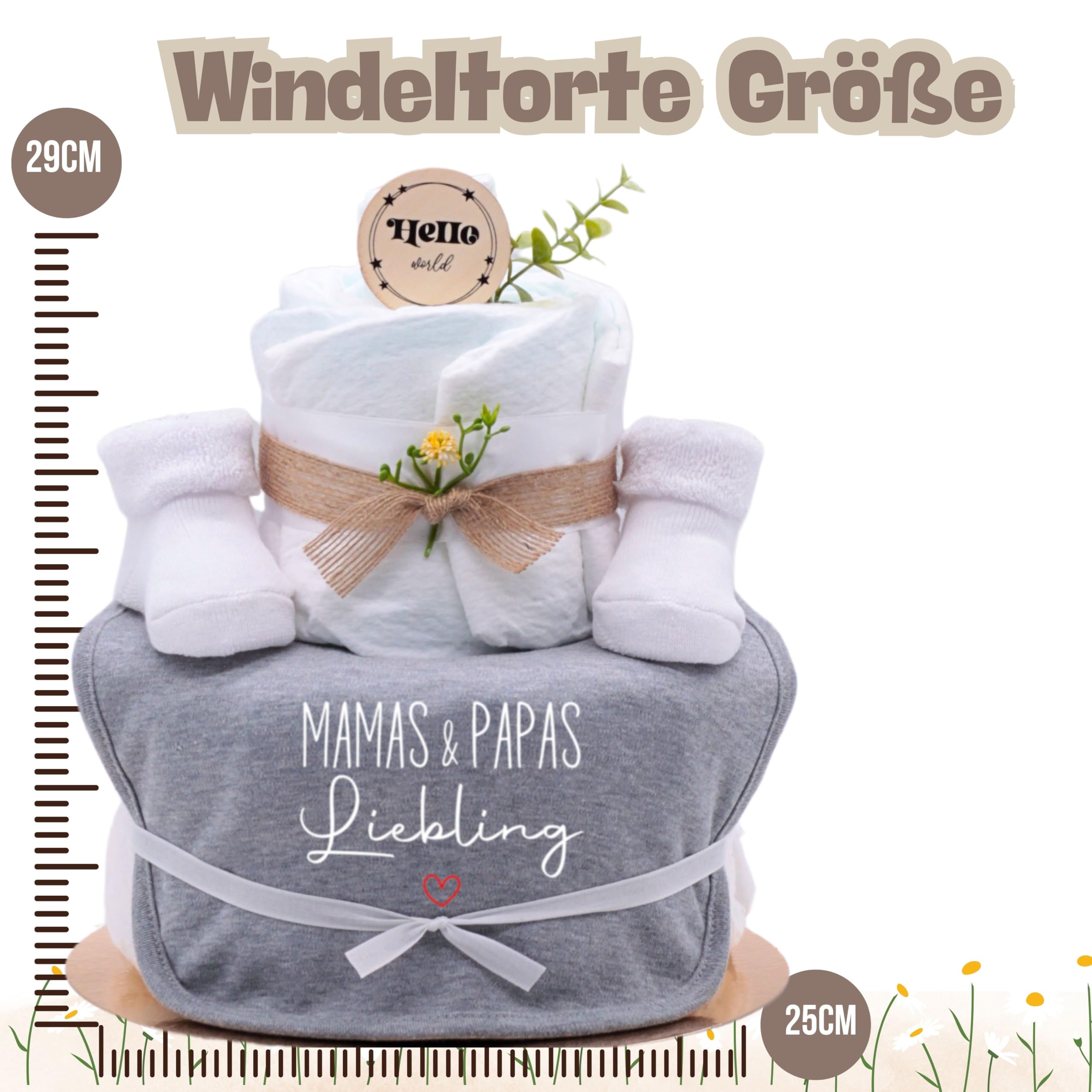 Trend Mama | Windeltorte | sport grau meliert | Spruch wählbar | Lätzchen, Kuschelsocken |Geschenk Geburt (Design| Mamas & Papas Liebling)