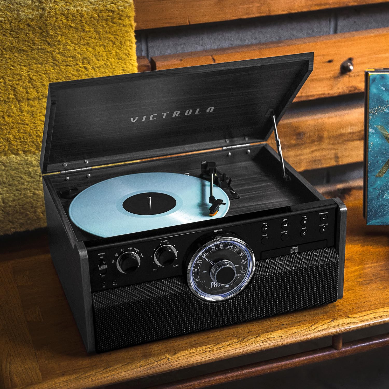 Metropolitan - Reproductor de discos Bluetooth 4 en 1 y centro multimedia - Tocadiscos de 3 velocidades accionado por correa con altavoces integrados, radio AM/FM, transmisión de música 5