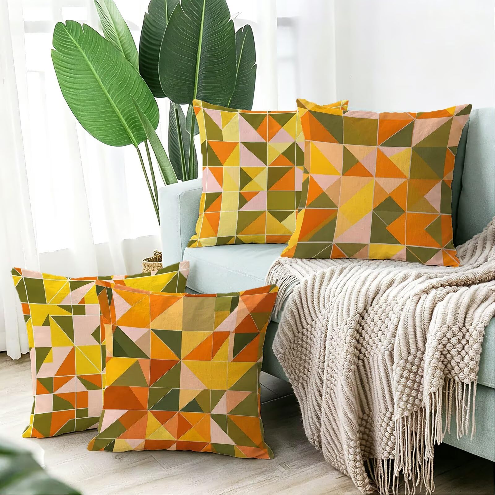 Giallo Federe Cuscini Divano 40x40cm, Cuscini da Esterno Set de 4, Cod-92 | Lin Copricuscini Decorativi Letto Arredo, per Letto, Soggiorno, Giardino, Esterno, Casa Decorazione Set di 4 Geometria