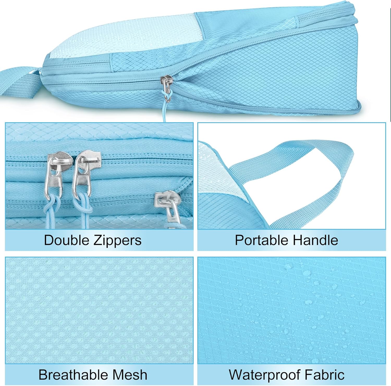 8 Set Compression Packing Cubes for Travel, Expandable Waterproof Travel Organizer, Lightweight Luggage Organizer with Shoes & Laundry Bags, Travel Accessories for Men Women, Light Blue - Image 5