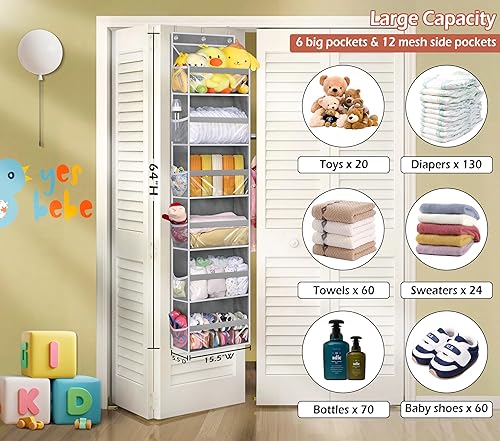 Miniatura 6 de MISSLO Organizador colgante de 6 estantes sobre la puerta + 24 bolsillos grandes de malla para niñas pequeñas