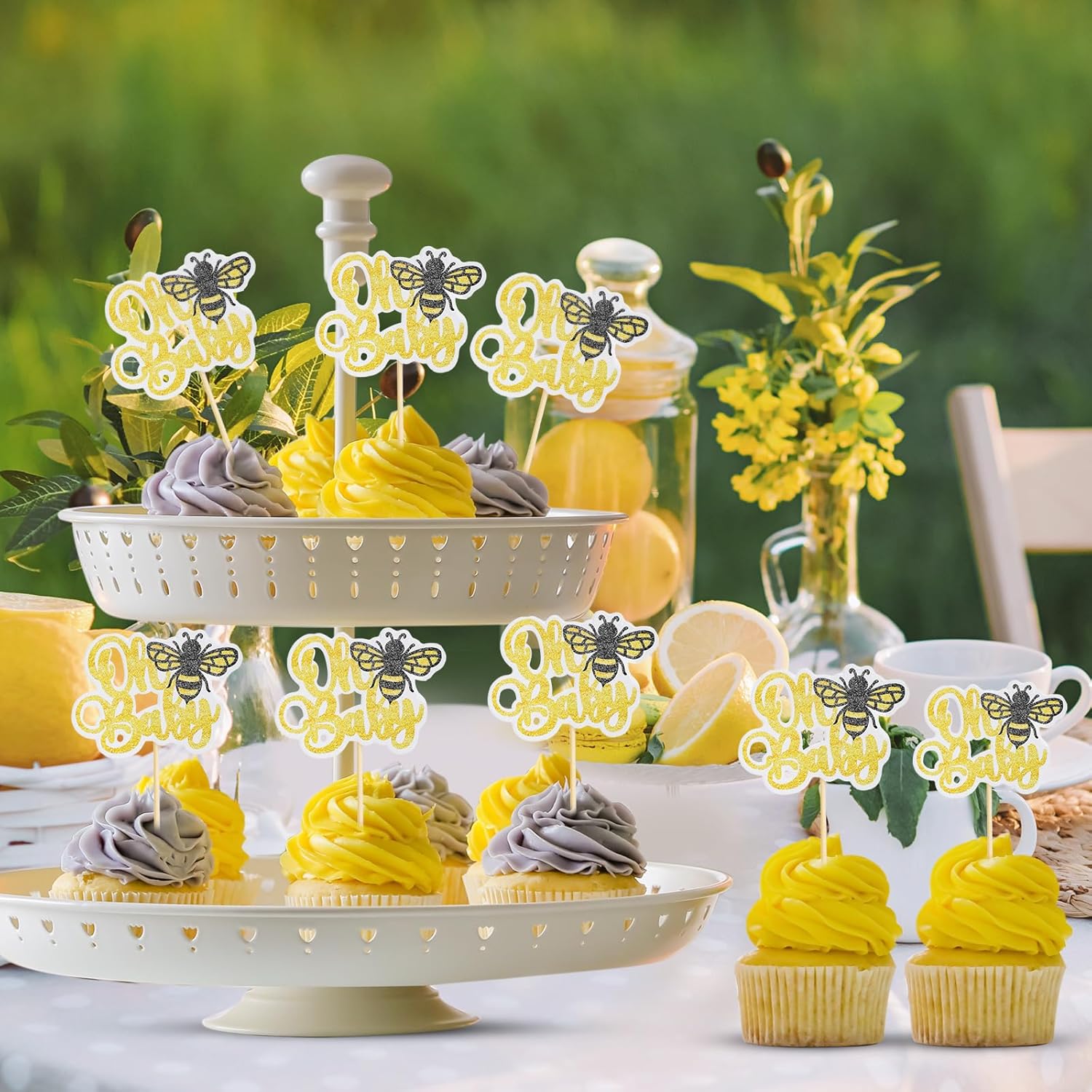 24Pcs Bumble Bee Cupcake Toppers Glitter Oh Babee Cupcake Picks Decorations for Bee Theme Baby Shower Kids Birthday Party Decorations Supplies White