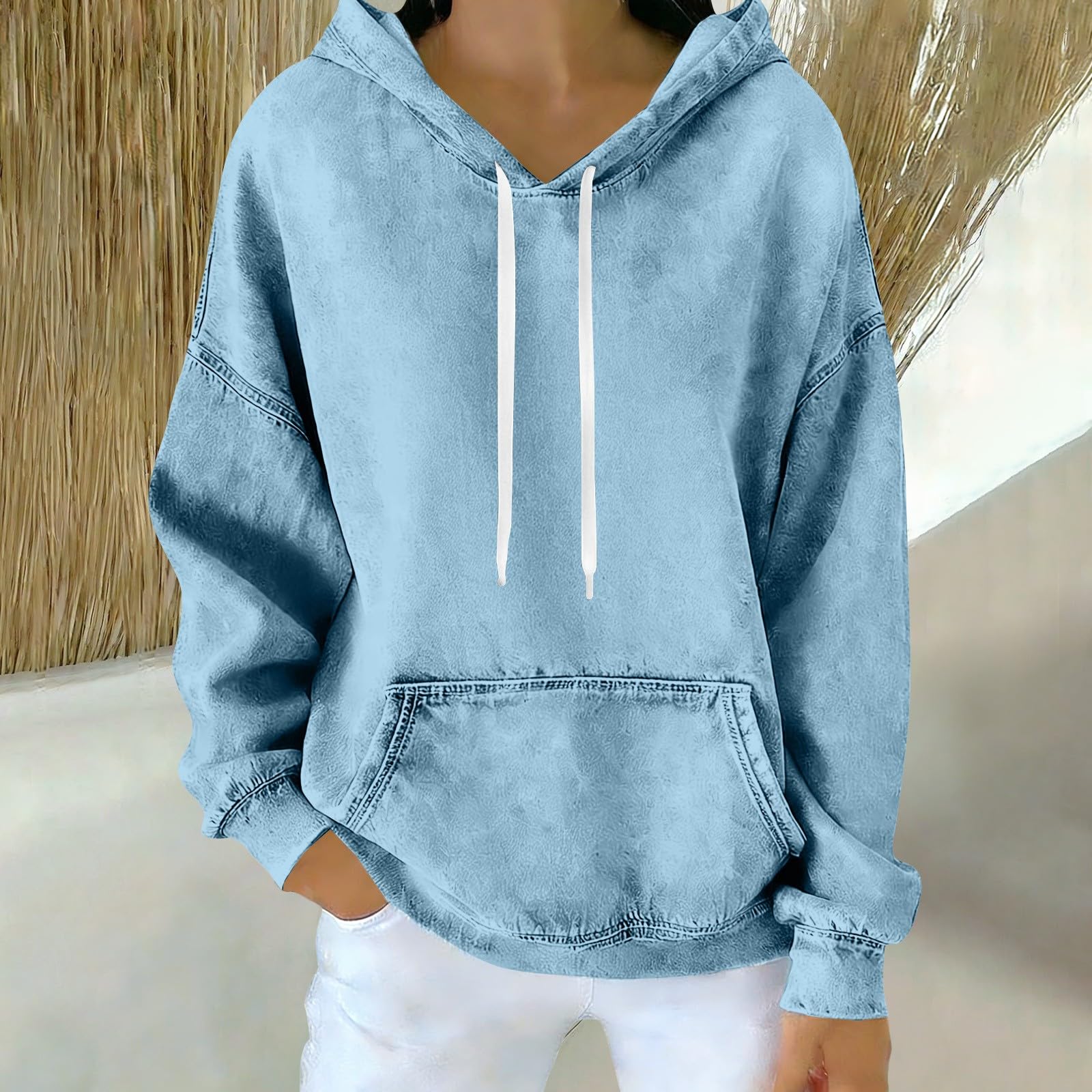 Generisch Sweat à capuche pour femme - Oversize - En jean - Manches longues - Couleur unie - Décontracté - Pour le sport - Streetwear - Mode - Veste à capuche chaude pour l'automne - Pour femme