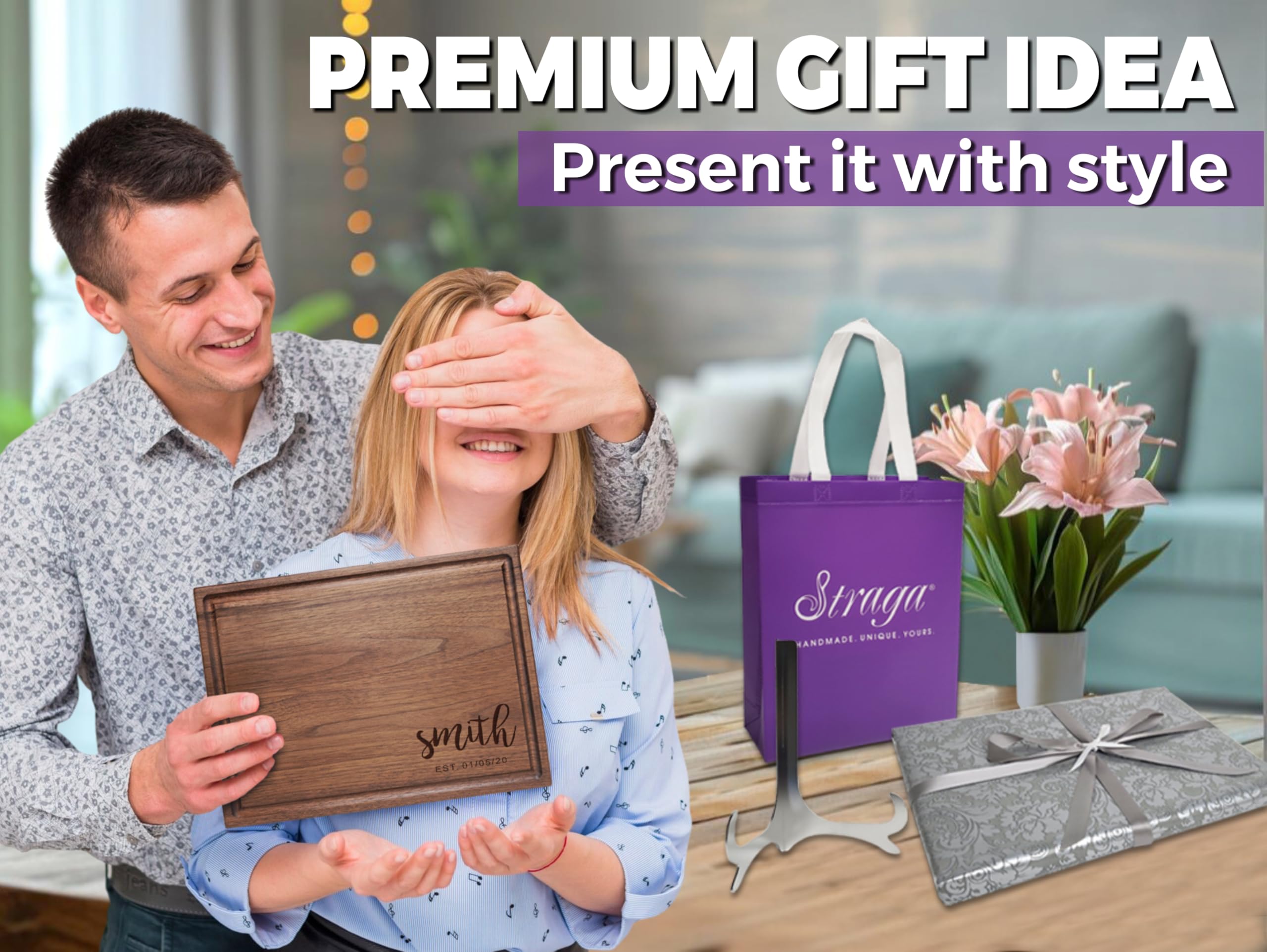 Straga Personalized Cutting Boards | Handmade Wood Engraved Charcuterie | Custom Wedding, Anniversary, Birthday Gift for Couples (Script Corner Design No.920).