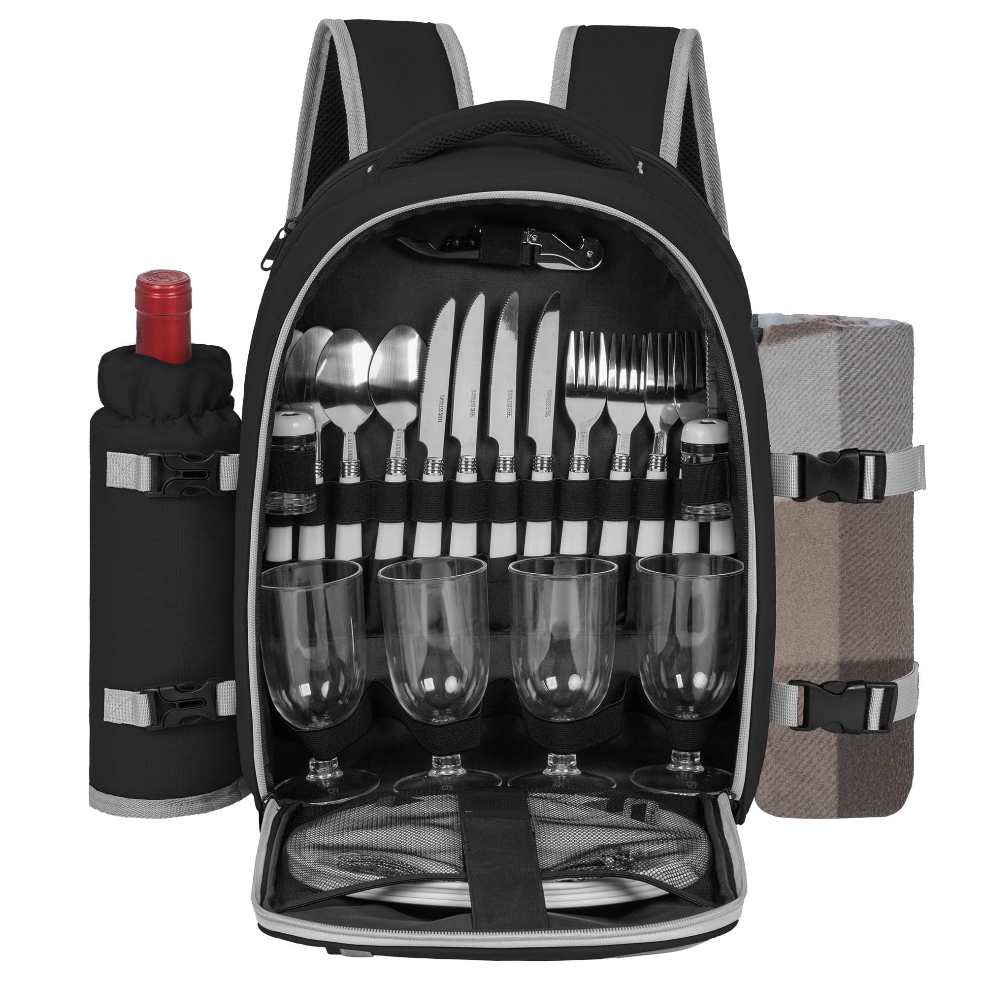 Picknick-Rucksack für 4 Personen, mit Kühlfach, isoliert und wasserdicht, Picknicktasche mit Set und Decke, für Strand, Camping, Wandern (schwarz)