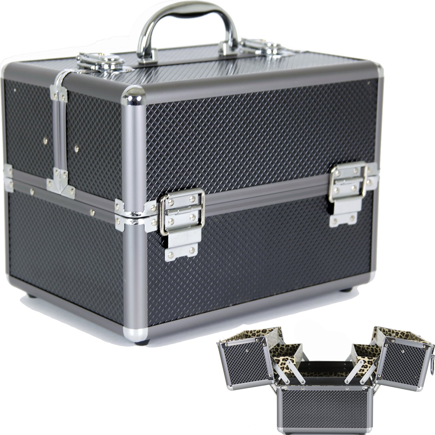 Aluminium Makeup Case to Store Organize Makeup Jewelry Nail Polish (Black/Leopard)