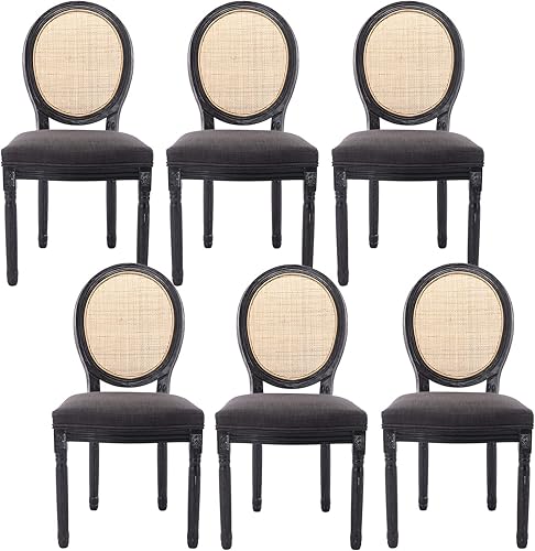Juego de 6 sillas de comedor estilo granja, sillas de comedor vintage tapizadas de lino con respaldo redondo de ratán, sillas de comedor antiguas