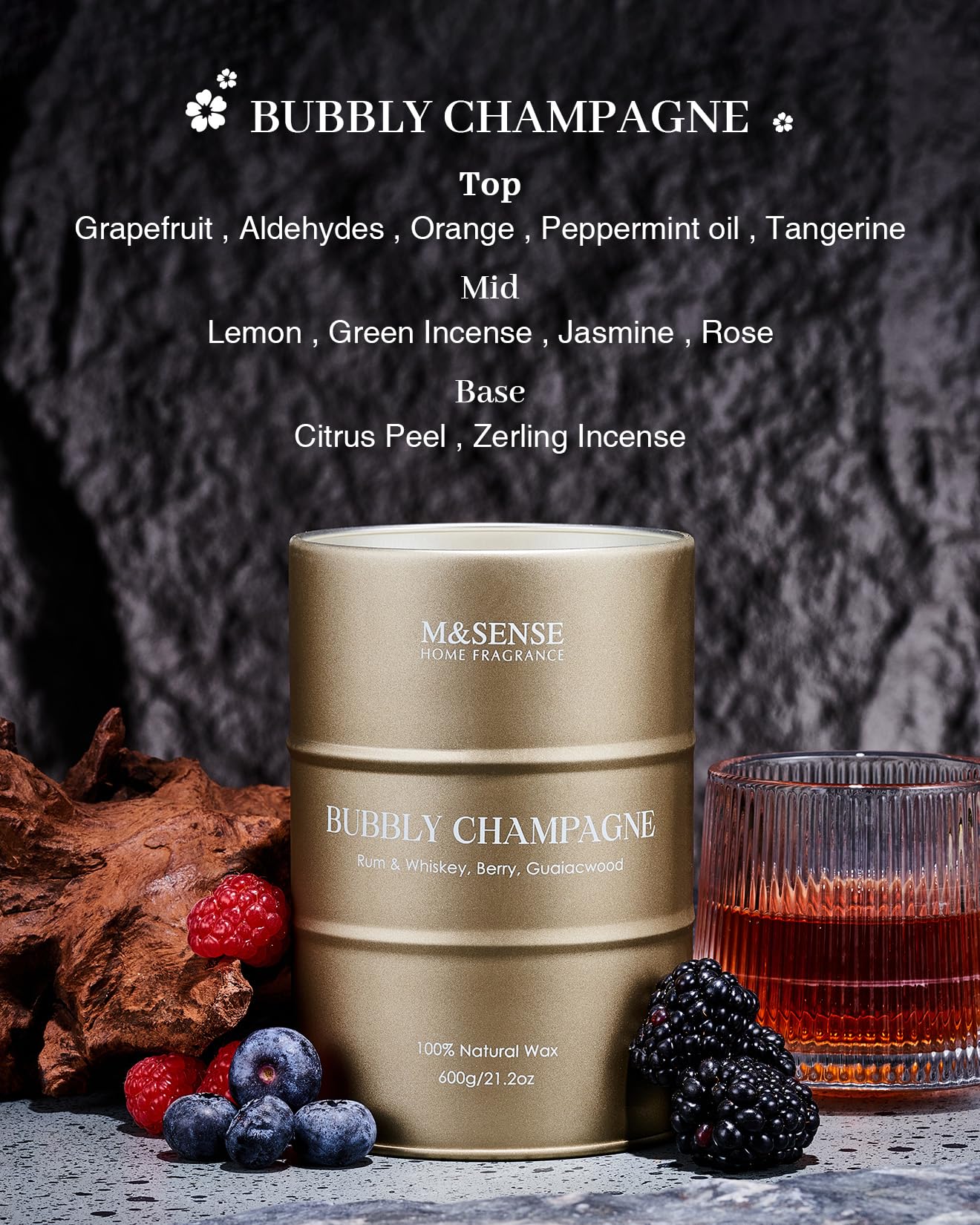 M&SENSE Candele grandi per la casa profumate allo champagne, candele regalo per donne e uomini, candele di soia naturali, regali per la casa, 120 ore di combustione, 600g