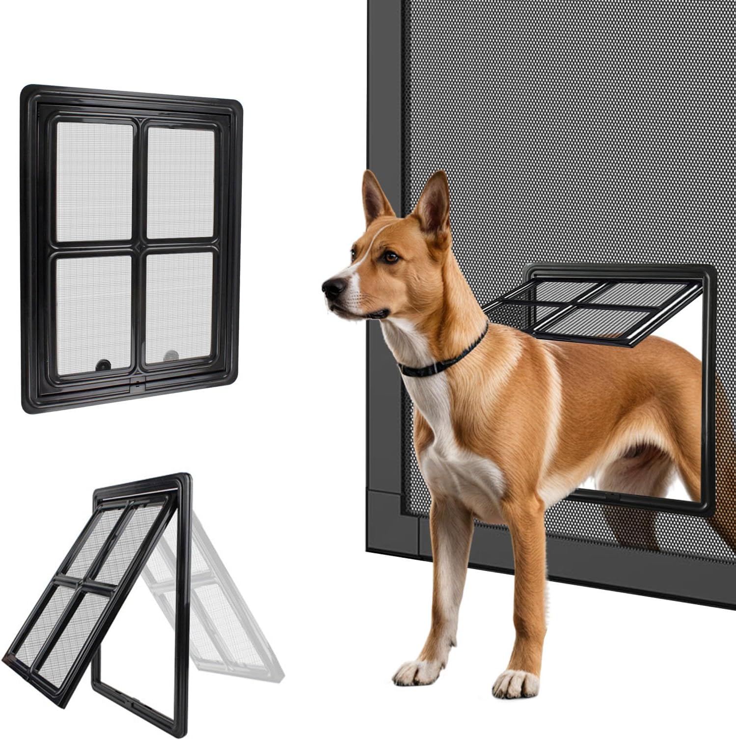 PETLESO Dog Screen Door for Sliding Doors, Inner 12"×16" Lockable Magnetic Self-Closing Flap Pet Passage for Medium to Large Dogs & Cats, Lightweight, Easy Install