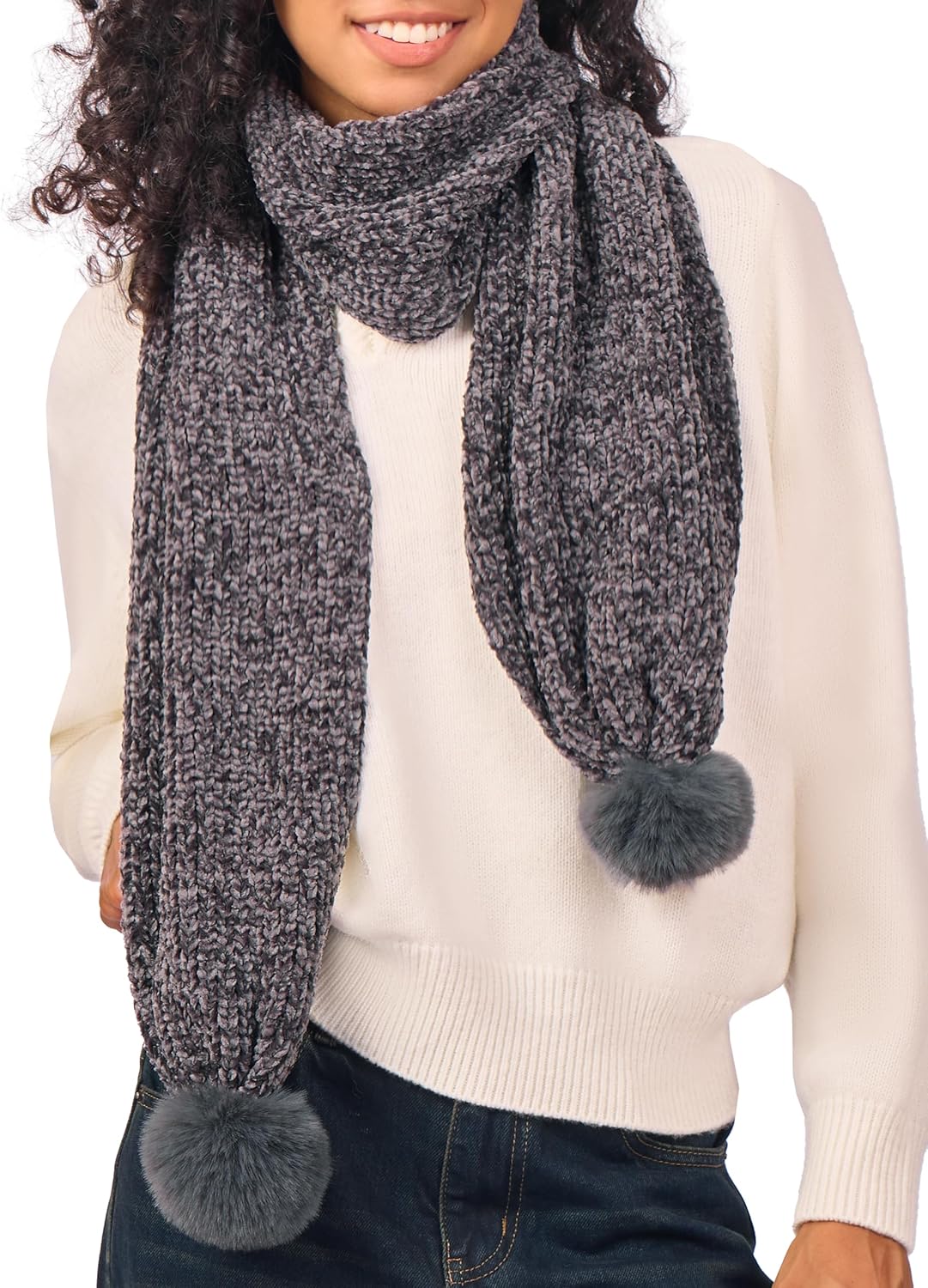 LyzerMia Women's Chenille Pompom Scarf - Soft Warm Winter Knit Scarf for Cold Weather with Gift Box