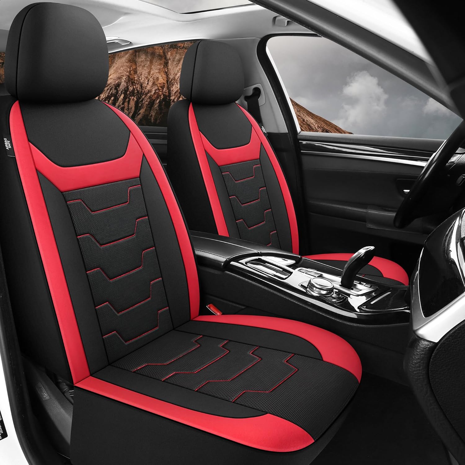 CAROMOP Breathable Car Seat Cover 2 Front Seats, 3D Air Mesh Cloth Seat Covers for Cars, Universal Fit Automotive Car Interior Covers for SUV Vans Sedans Trucks (Black/Red) Black-Dark Red Front Set