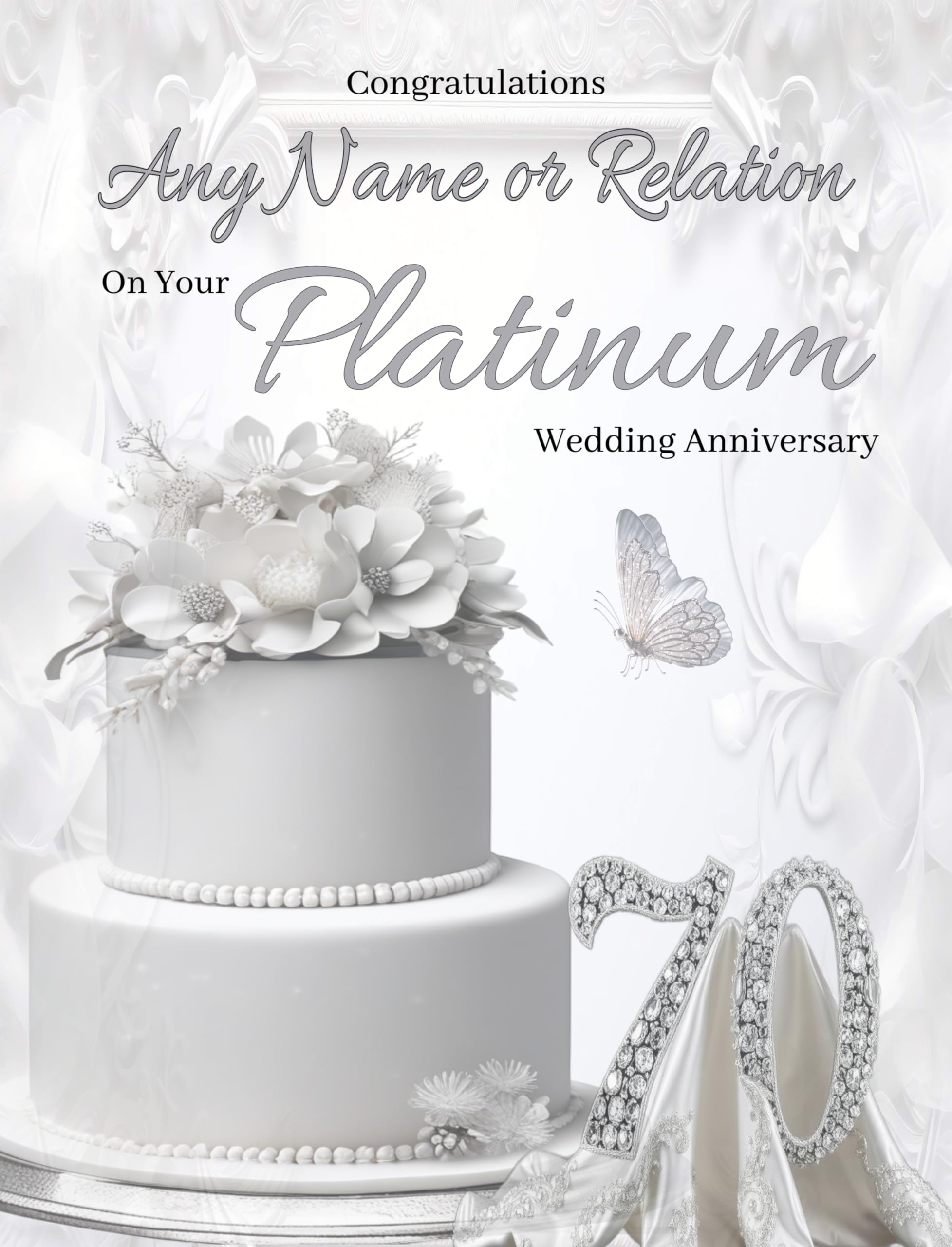 Sarah Elizabeth Collection - Personalised Platinum Anniversary Card with Gift Tag/Large approx 11" x 8", 70 years, Celebration, Wedding, Congratulations