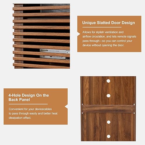 Miniatura 6 de LEVNARY Gabinete multimedia AV de 5 niveles con puerta de rejilla y estantes ajustables, moderno estante estéreo de madera con gestión de cables y