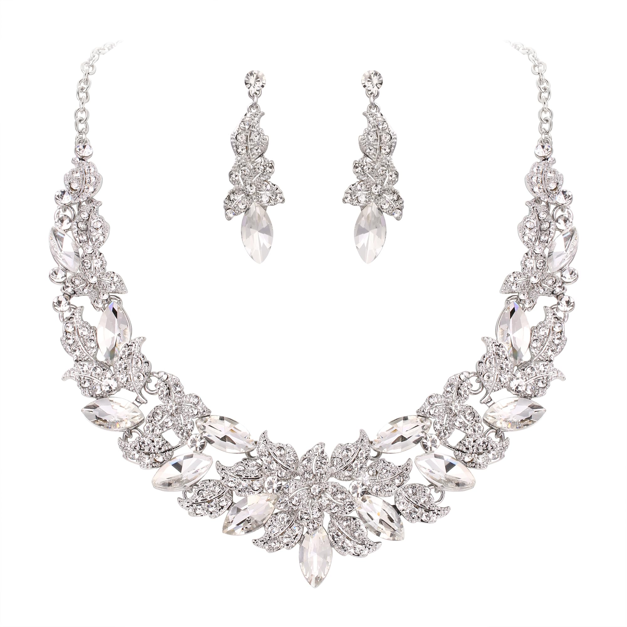 EVER FAITH Austrian Crystal Statement Bridal Jewelry Sets, Rhinestone Costume Prom Marquise Cluster Flower Leaf Necklace Dangle Earrings Set for Women