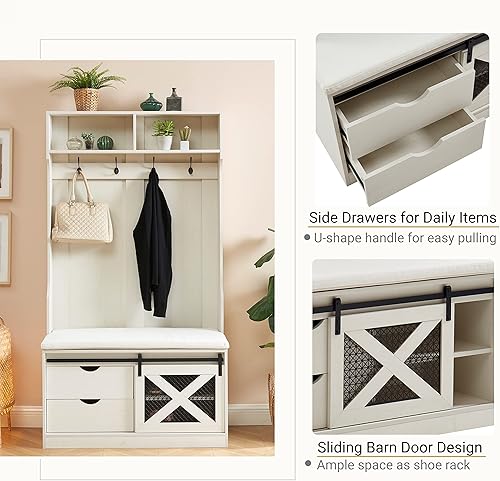 Miniatura 5 de Edwin's Choice Árbol de entrada de 71 pulgadas de alto con perchero y banco de almacenamiento, árbol de madera con taburete acolchado y ganchos para