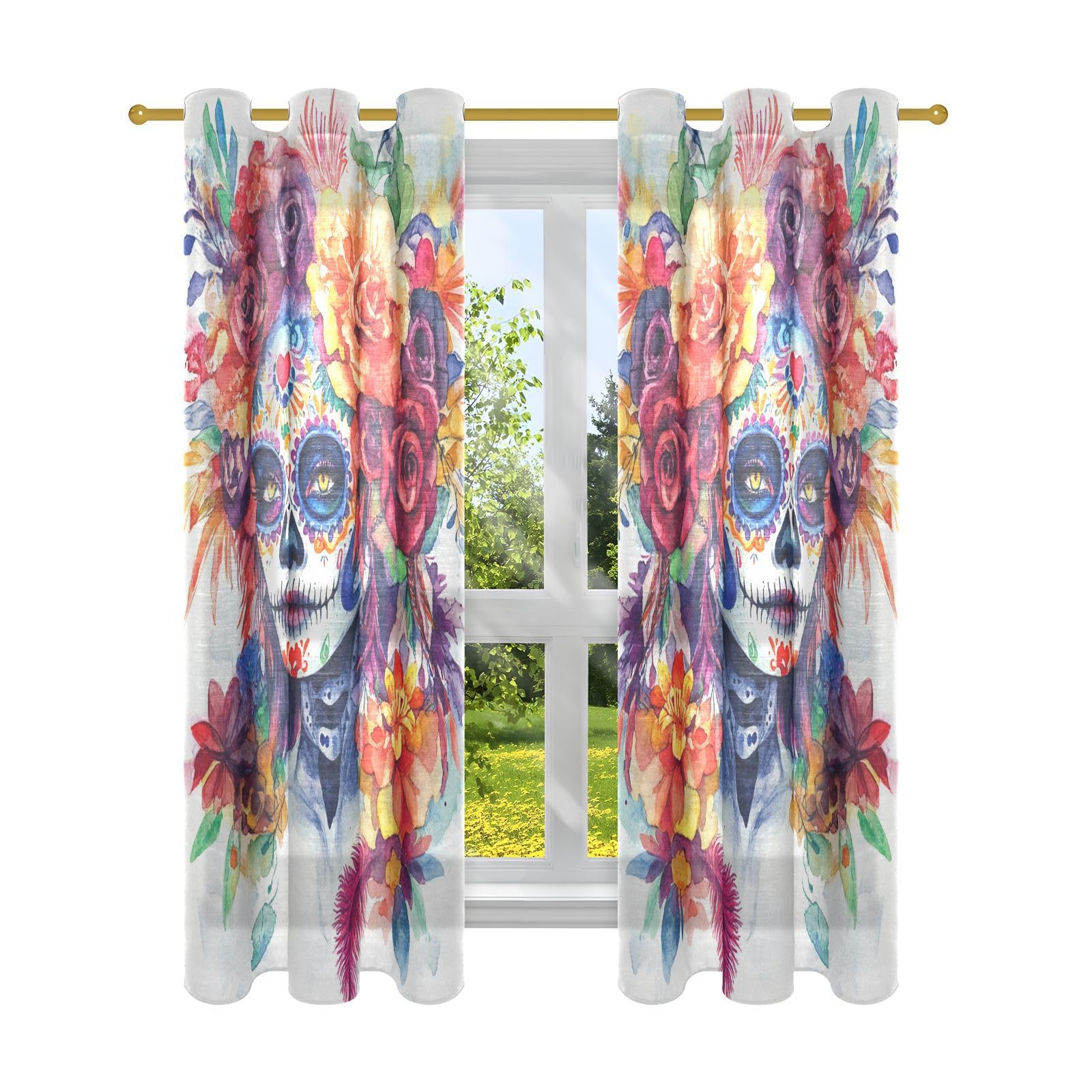 Rideaux occultants lin Dia De Los Muertos filtrant la lumière 160 cm