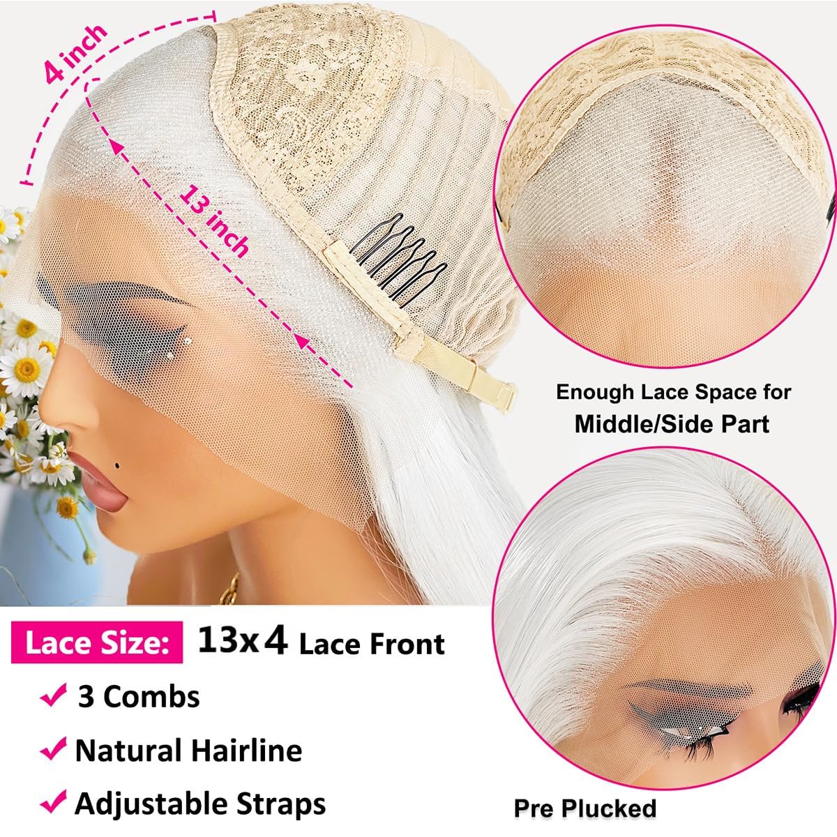 PORSMEER Parrucca anteriore in pizzo lungo riccio ondulato 13x4 Glueless Wig sintetica resistente al calore (bianco)