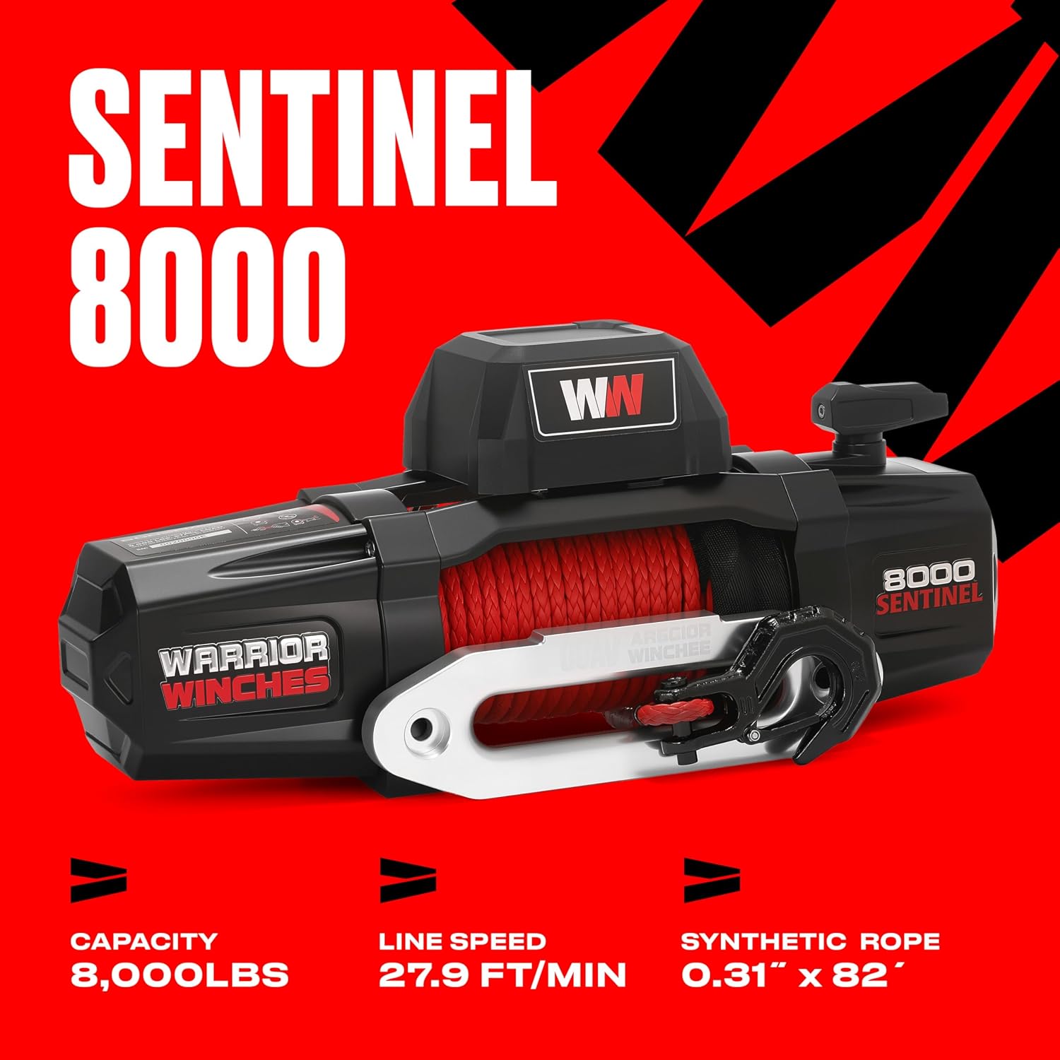 Warrior Winches Sentinel 8000lb Electric Winch - 12V Synthetic Rope, Wireless Remote, Towing, Off-Road, Trailer Winch, Truck Winch, Heavy Duty Recovery