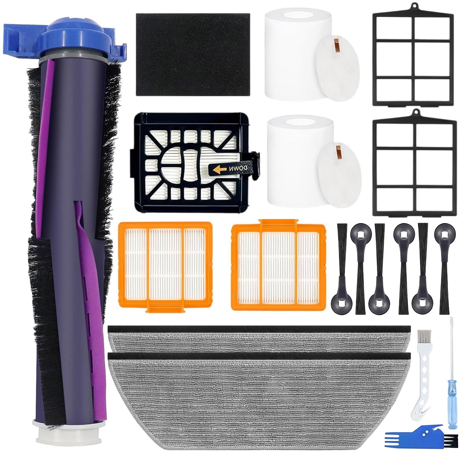 Replacement Parts Compatible with Shark AV2800ZE RV2820ZE AV2820AE RV2820YE Robot Vacuum Cleaner, 1Main Brush,2Pre-Motor Filters,1Post-Motor Filters,2Primary Filters,2Foam Filters, 6Side Brushes