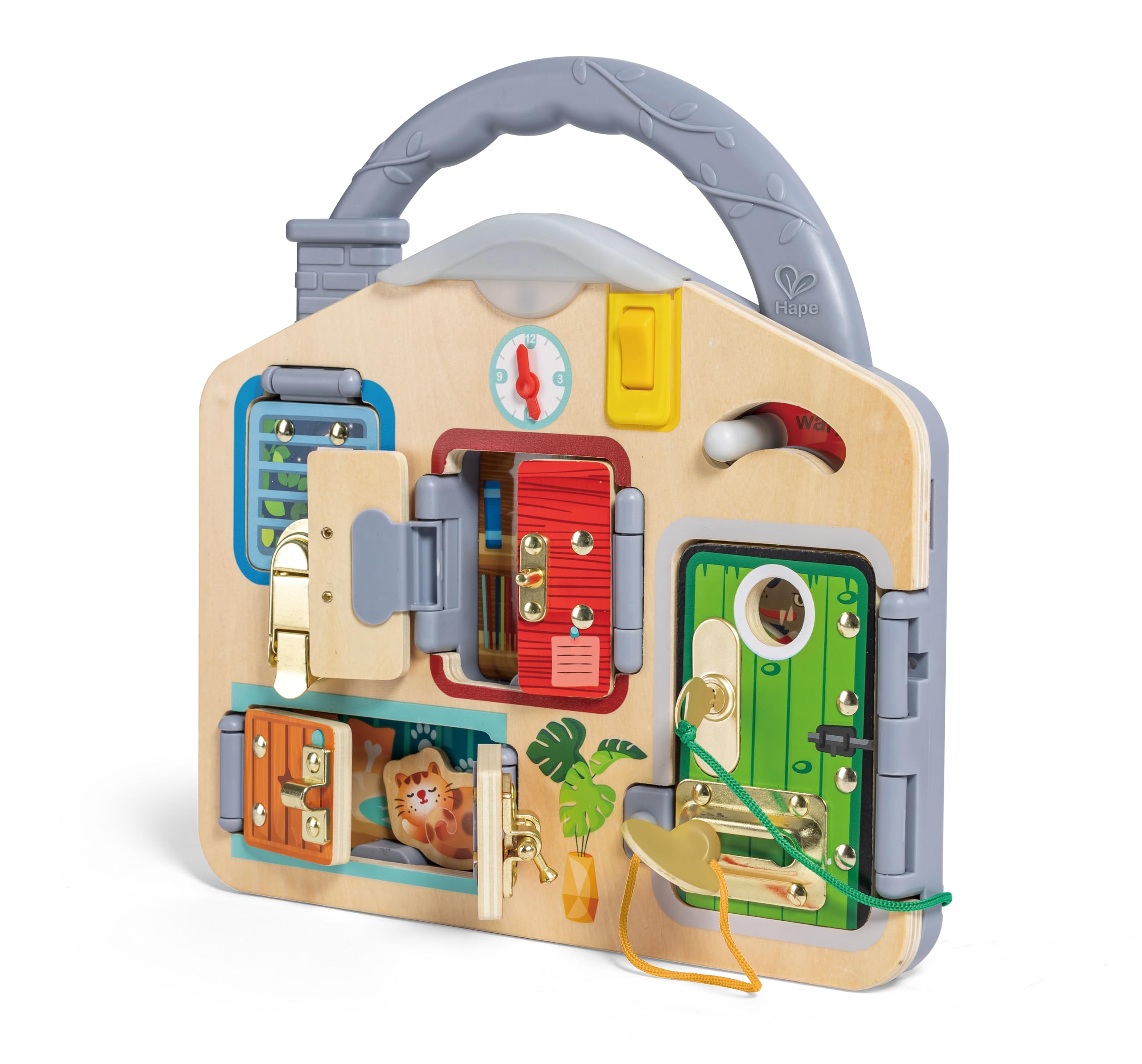 Hape Lock & Learn Playboard  Unlocking Adventure, Develop Fine Motor Skills, Includes Latches, Clock & Light, 3Y+