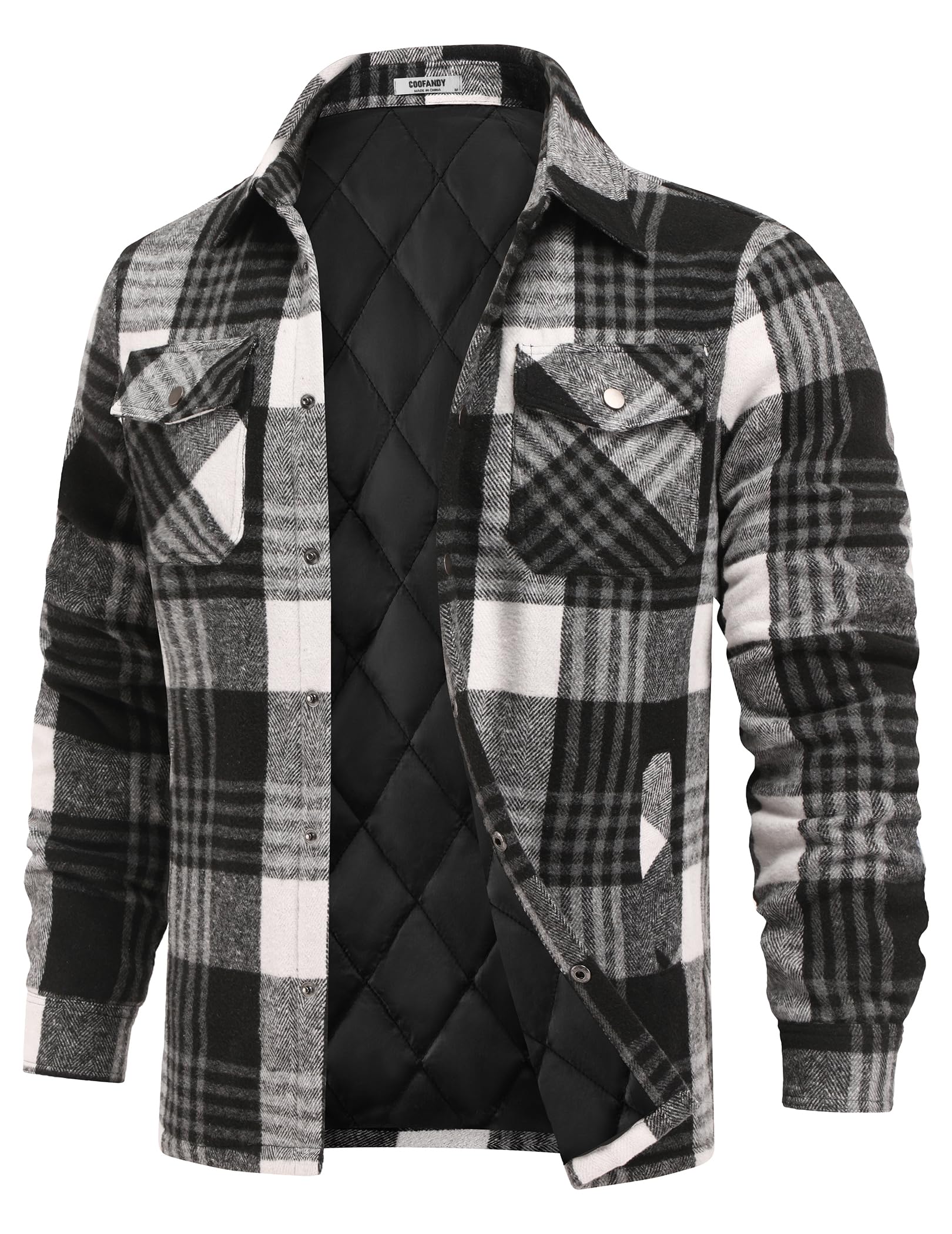 COOFANDY Camicia da uomo a maniche lunghe con motivo a quadri, foderata, modello invernale, camicia da boscaiolo nera, bianca e grigia, XL