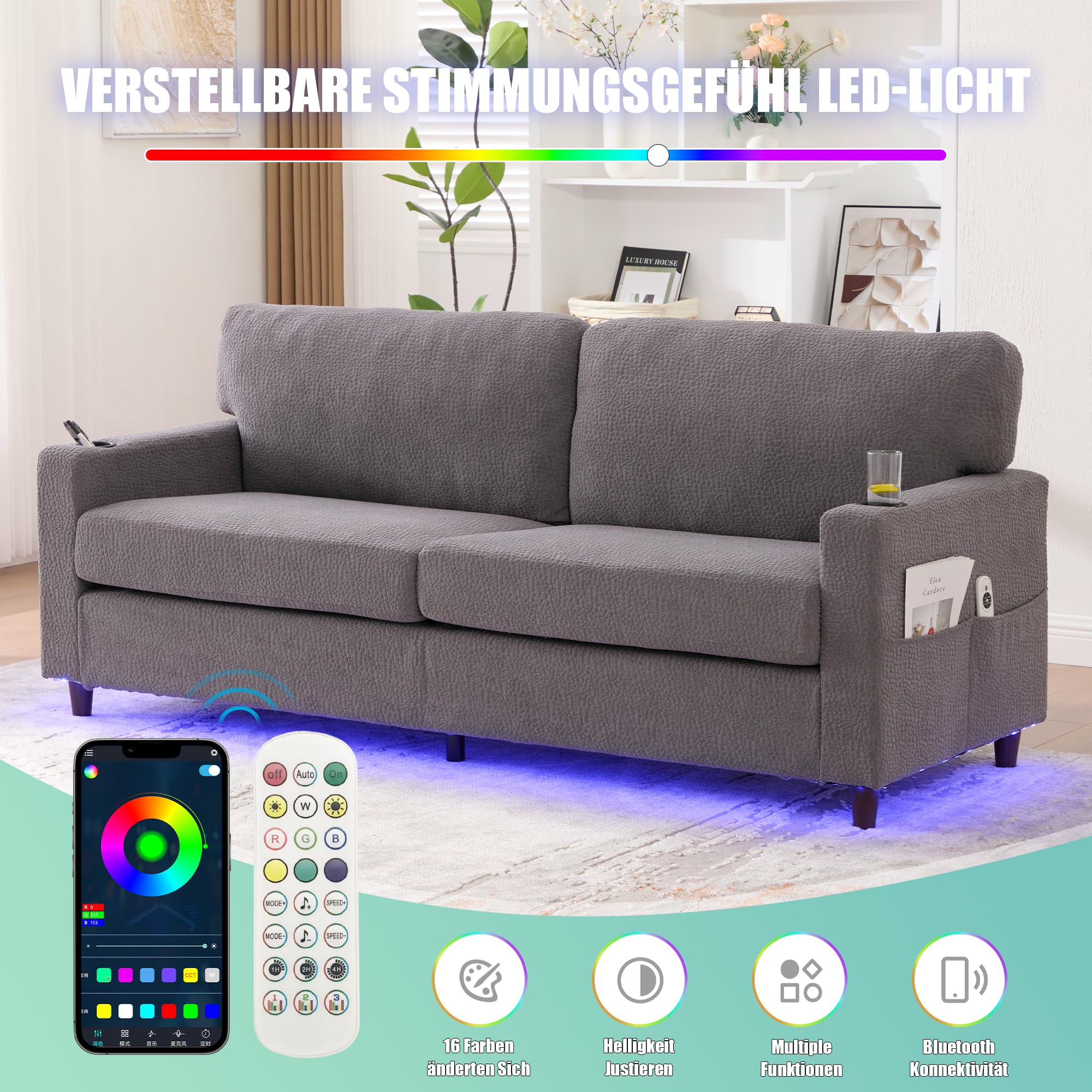 Nowoczesna 2-osobowa sofa szenilowa z USB-C, atmosfera LED, uchwytami na napoje i kieszeniami bocznymi. Rama drewniana/metalowa z komfortową pianką. Idealna do salonu, sypialni lub biura