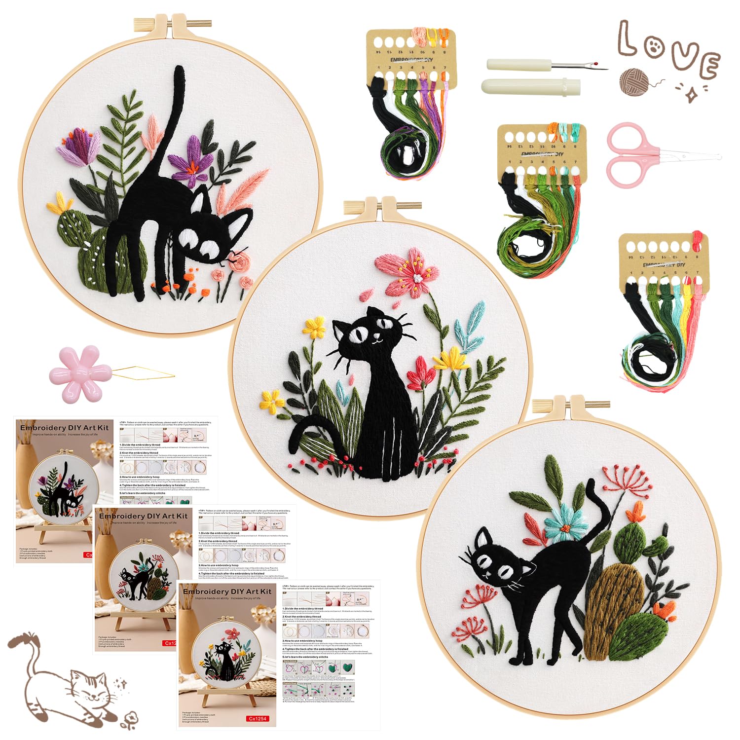 RidaaFri Embroidery Kit for Beginners 3 Pack Cat Stamped Embroidery Kits
