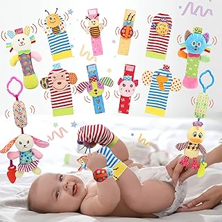 Soft Baby Toy, Wrist Rattle & Foot Finder Rattle Socks, Handheld Plush Rattles Rings Pram Car Seat Activity Stroller Hanging Toy, Newborn Baby Rattle Toys for Infant Boy or Girl (12 PCS-B)