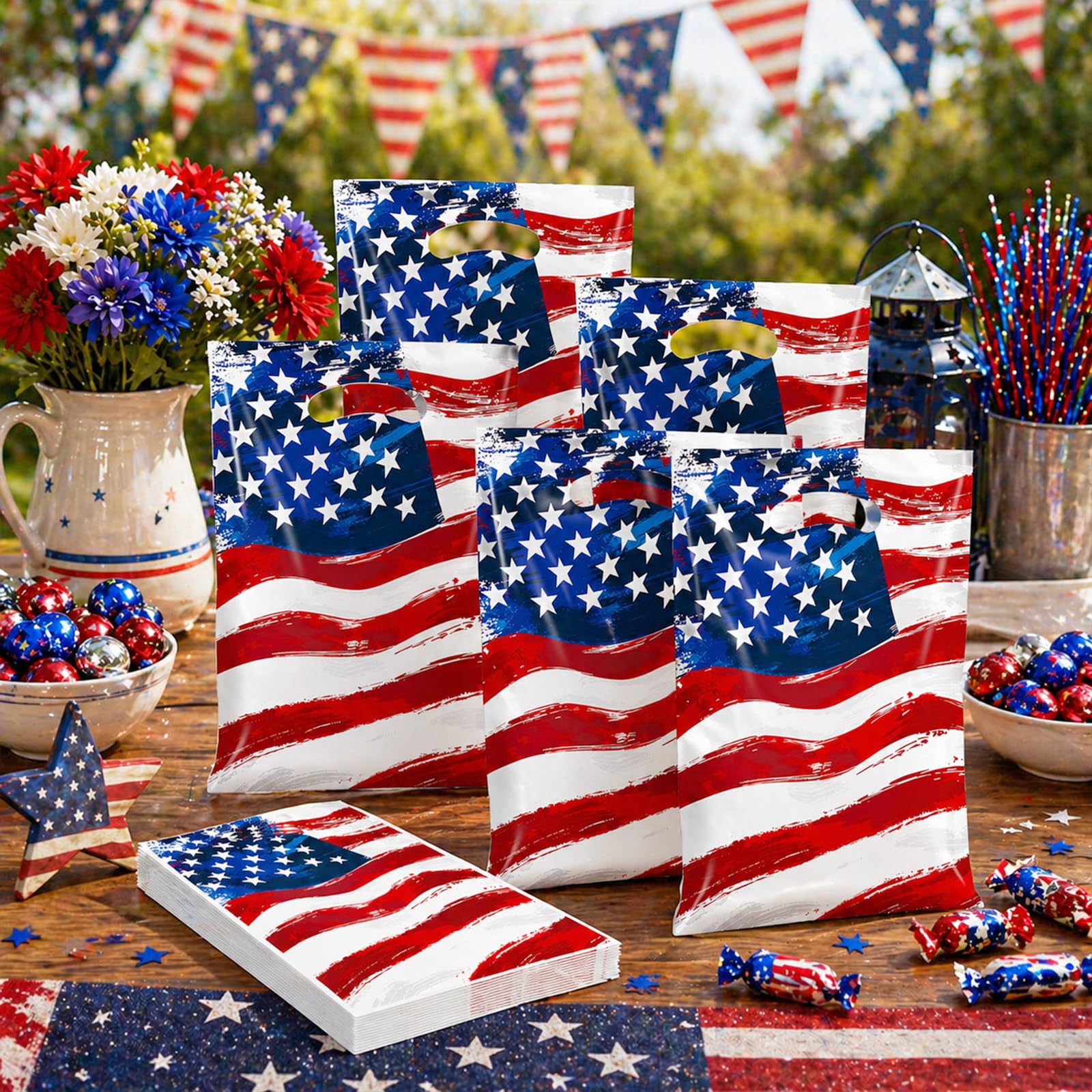 50 Pack American Flag Party Favor Bags, Patriotic Plastic Goodie Treat Gift Bags for 4th of July, Independence Day, Memorial Day, Veterans Day, USA Flag Candy Loot Bags, Patriotic Party Supplies