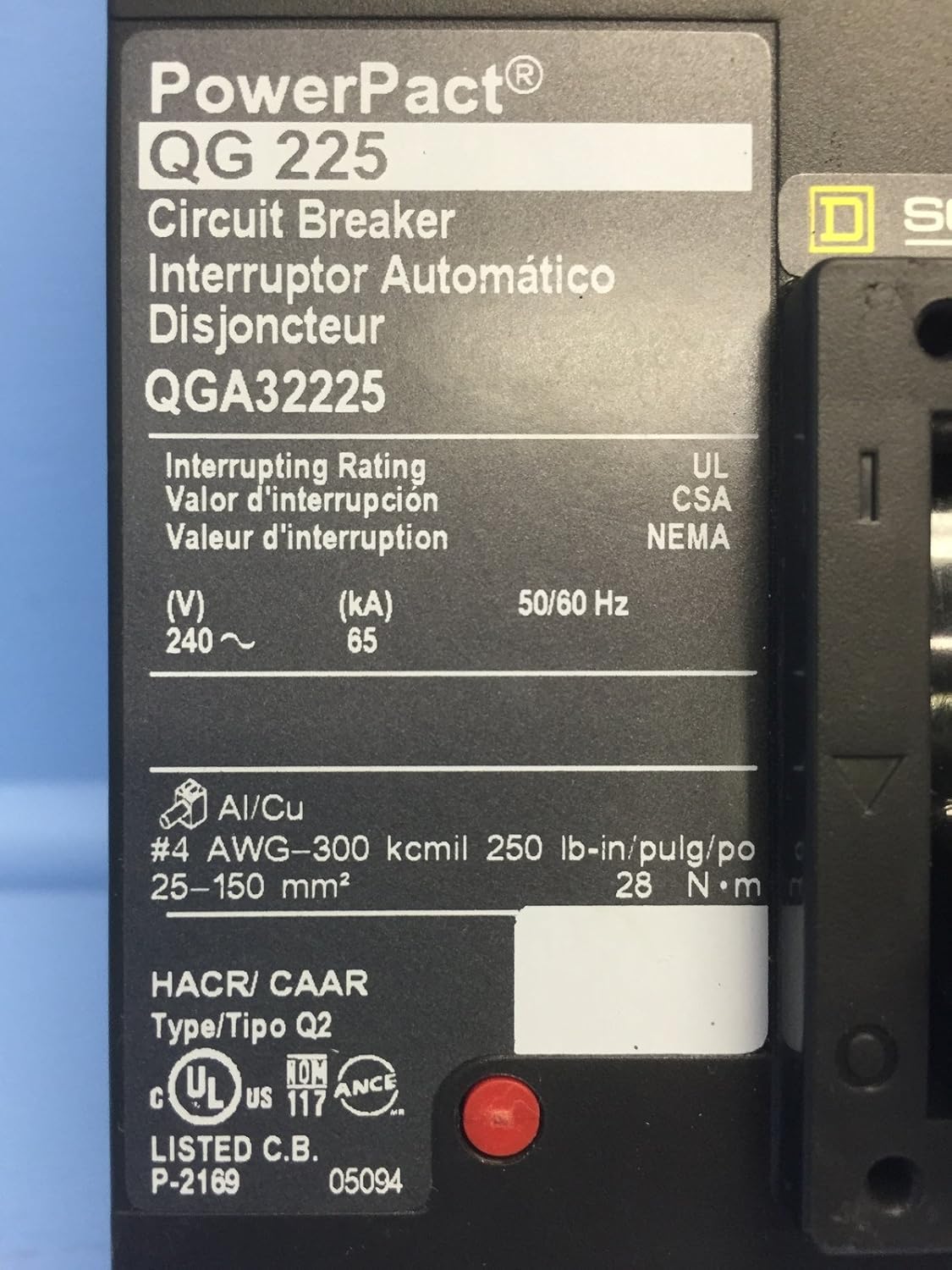 SCHNEIDER ELECTRIC QGA32225 Molded Case Circuit Breaker 240V 225-Amp Molded Case Circuit Breaker 600V 20A