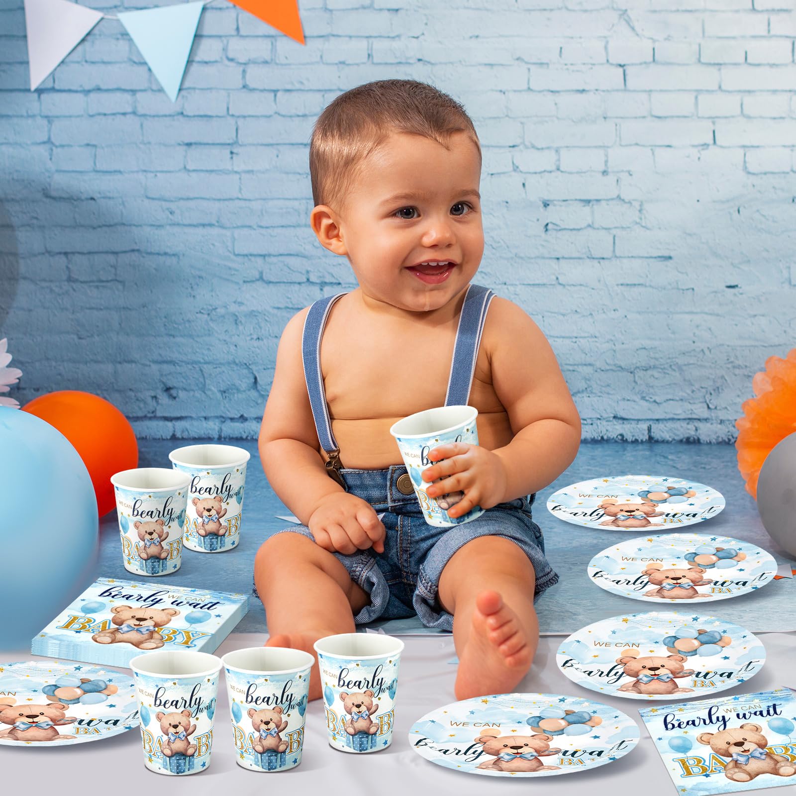 Hushee Lot de 200 assiettes en carton jetables pour fête prénatale Motif ours bleu Pour 50 invités