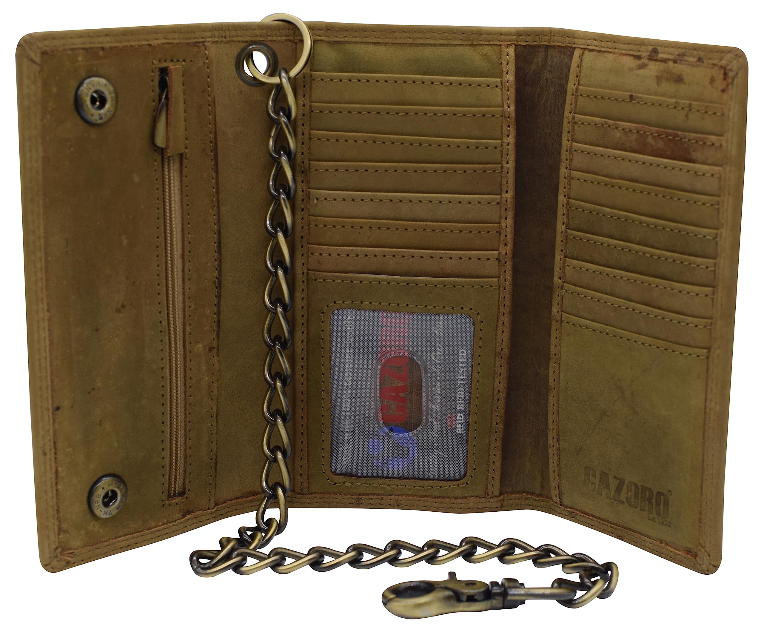 RFID Blocking Mens Tri-fold Long Style Crazy Horse Leather Steel Chain Wallet, (Dark Beige)