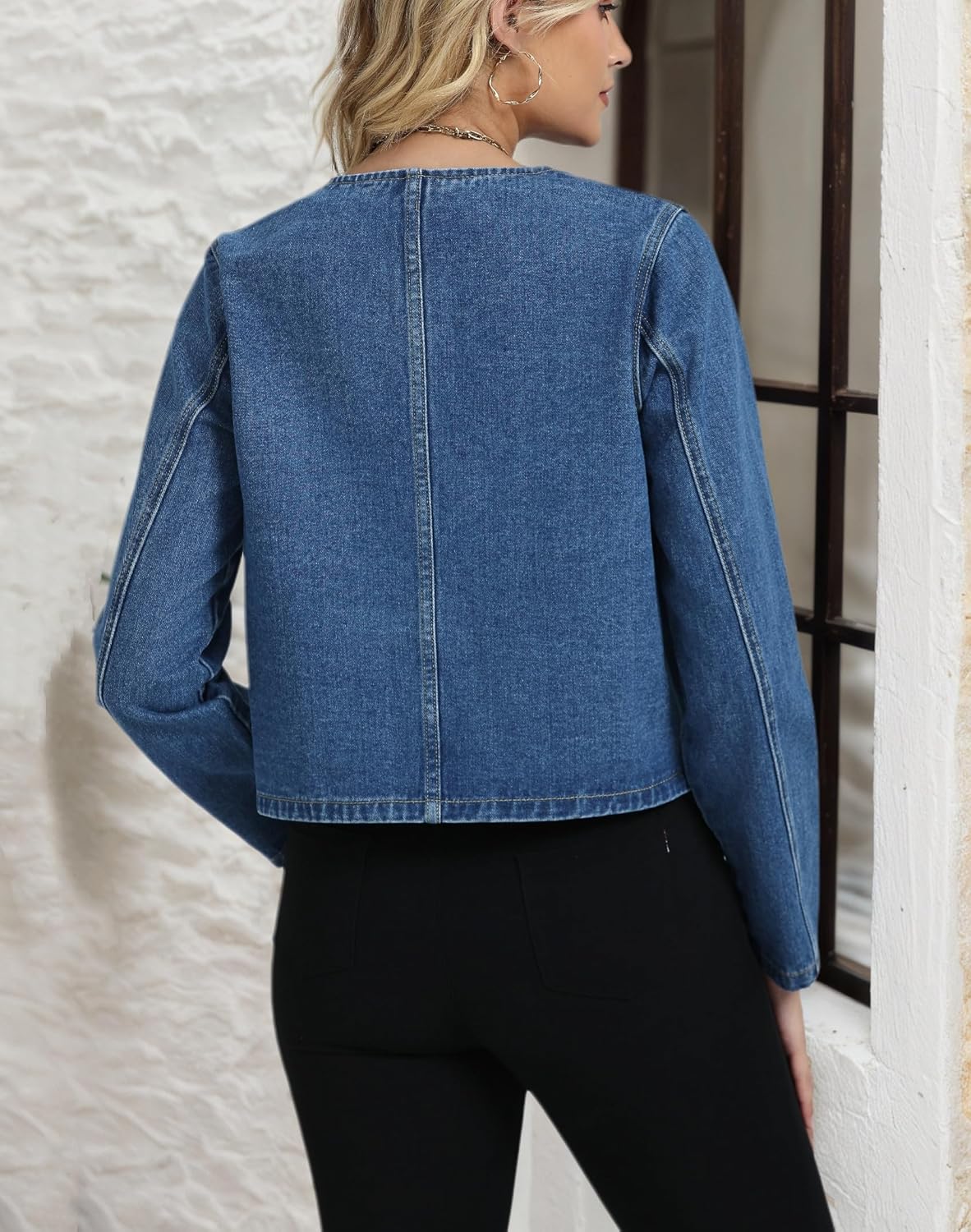Ladyful Denim Jacket for Women Collarless Long Sleeve Button Down Cropped Jean Jacket Coat - Image 5