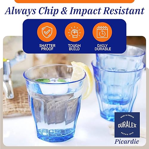 Vista 3 de Duralex Made In France Picardie - Juego de vasos de vidrio de 18 piezas, color azul marino. El juego incluye: (6 unidades) vasos de 8-3/8 onzas