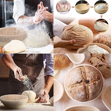 Round Proofing Basket Made of Natural Wicker Cane, Diameter 25 cm, Round Proofing Basket for Bread Baking - Set with Dough Scraper for 1Kg Bread, Whole Grain Bread, and Sourdough Bread