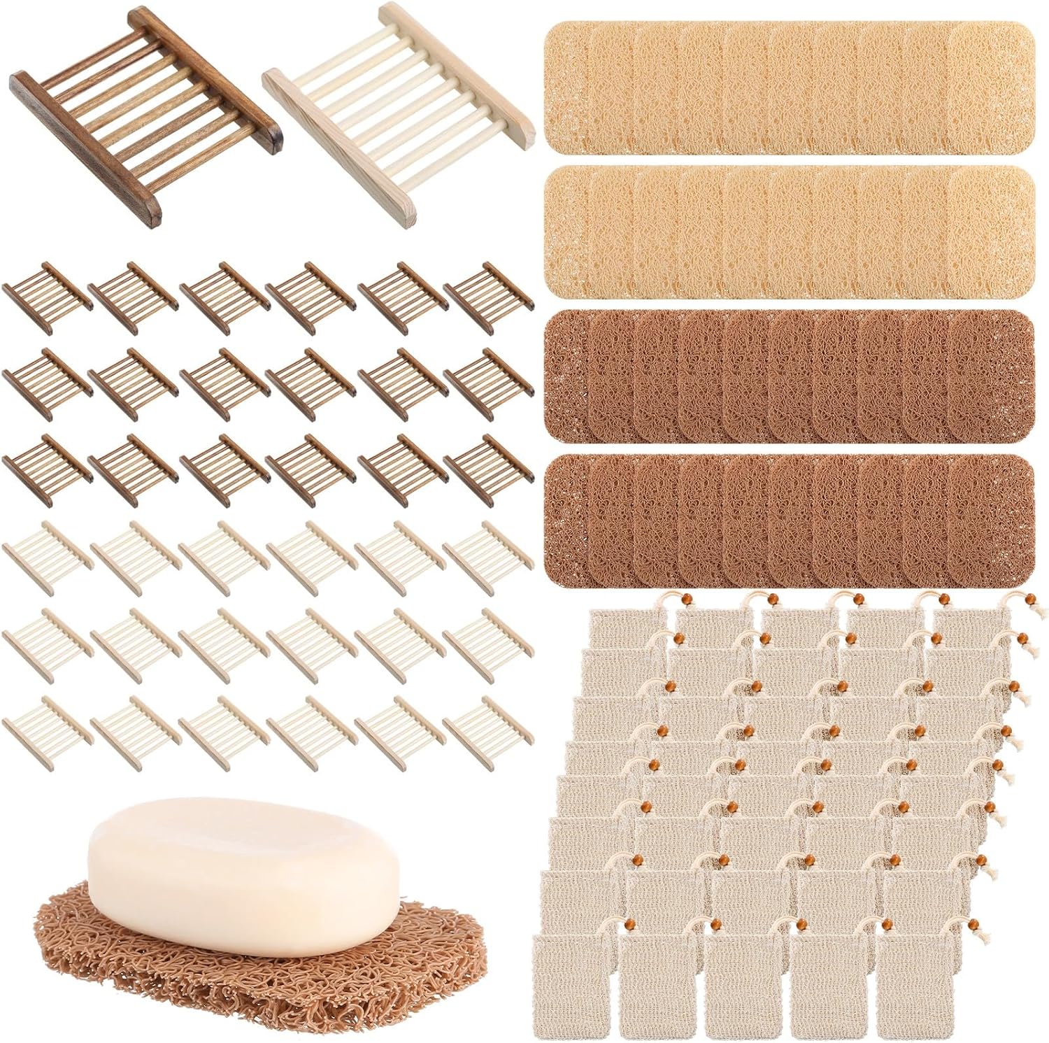 60 Pcs Soap Saver Set Including Wooden Dish, Exfoliating Bag, Saver Pads Bulk with Self Drain, Bar Soap Holder Mesh Bag for Shower Bath Home Toilet Kitchen Hotel Restaurant