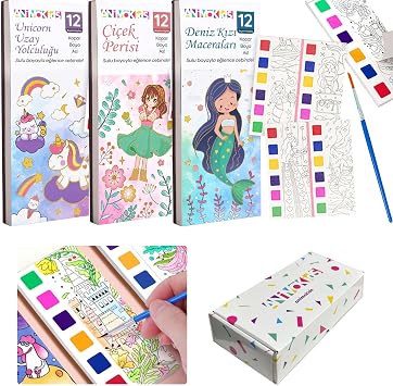 Renk Paletli Sulu Boya Etkinlik Seti, Kendin Yap DIY Kitap Ayrac ,  ocuklar ve Yeti kinler i in 3 Adet Yeni Nesil Sulu Boya Defteri ve 3 Adet Sulu Boya F r as  DahilUnicorn- i ek Perisi-Deniz K z